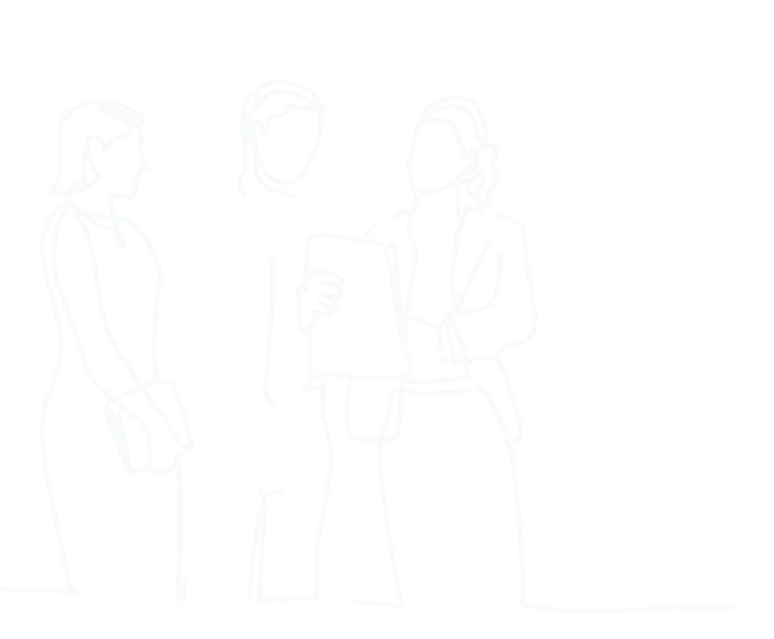 Line drawing of three people looking at a tablet, engaged in a discussion.