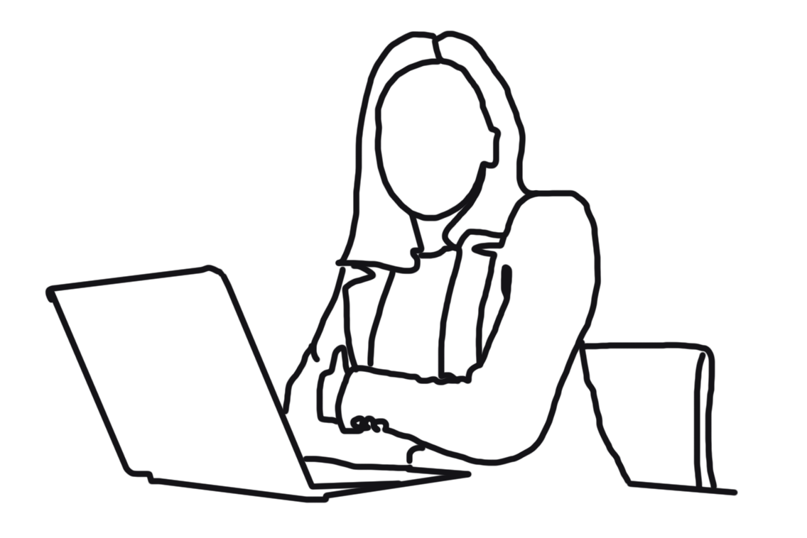 A line drawing of a woman sitting at a table with a laptop, with friends or colleagues nearby.