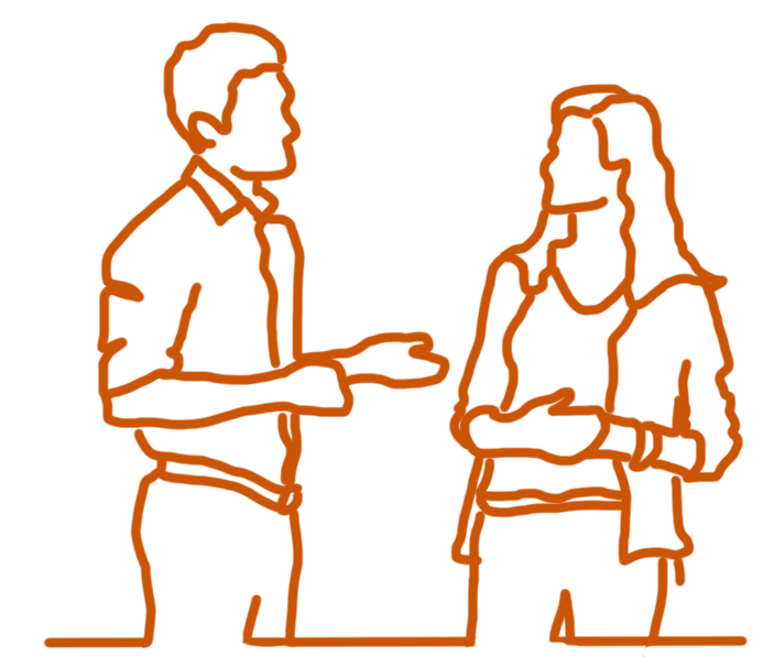 Outline illustration of a man and woman having a conversation, with the man holding a phone and the woman crossing her arms.