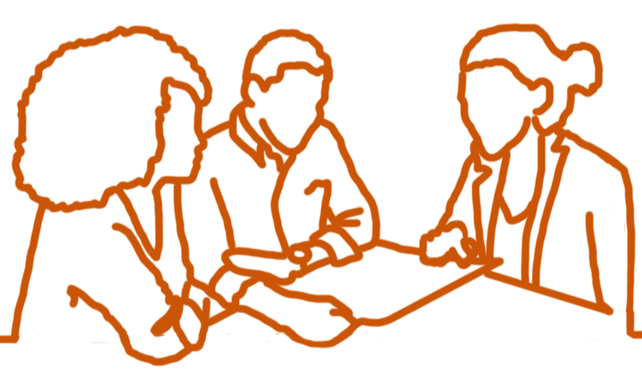 Line drawing of three people consulting over a document at a table.