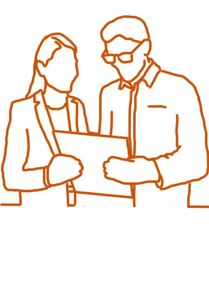 Line art illustration of a man and woman looking at a tablet together, with both holding the device.