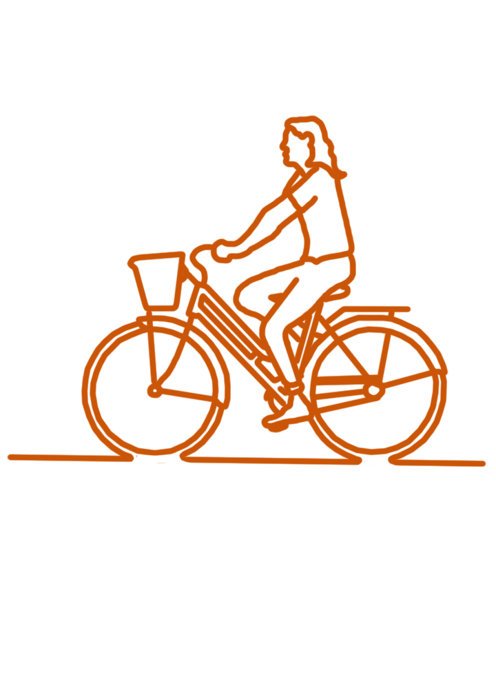Line drawing of a woman riding a bicycle, with a basket attached to the front.