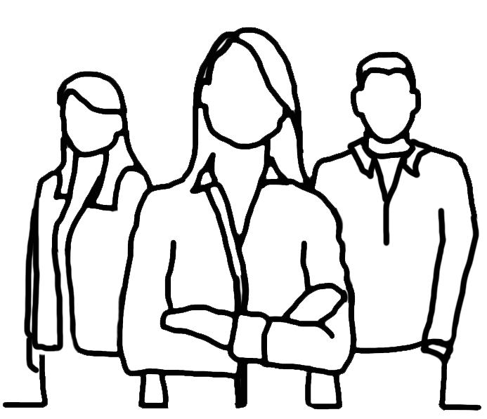 Line drawing of three diverse people standing with arms crossed or relaxed, symbolizing teamwork or diversity.