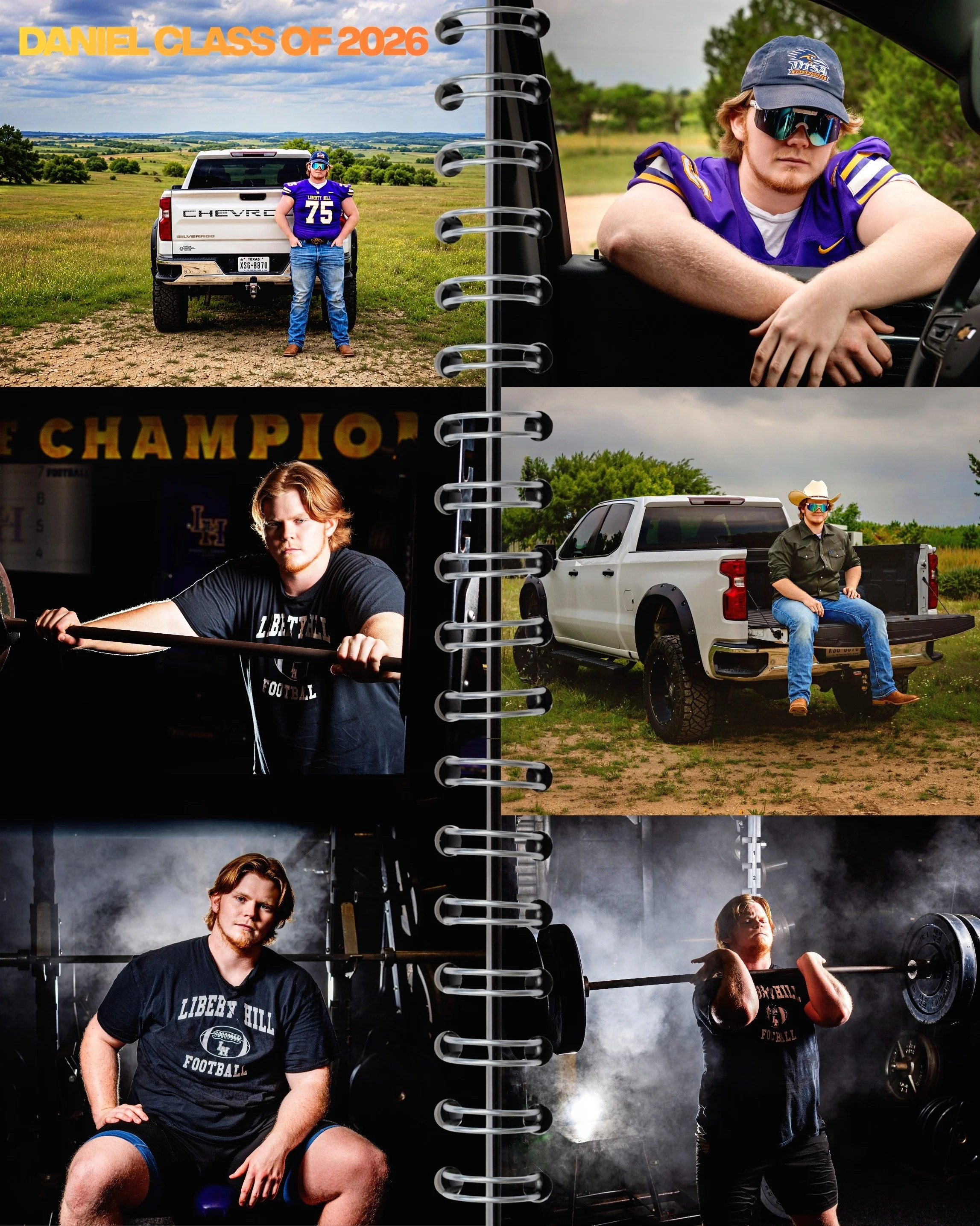 Daniel&rsquo;s senior session was the perfect mix of grit, country roots, and Liberty Hill football pride. From the weight room to the back roads, every image captured the strength, determination, and personality that make him who he is.
The truck. T