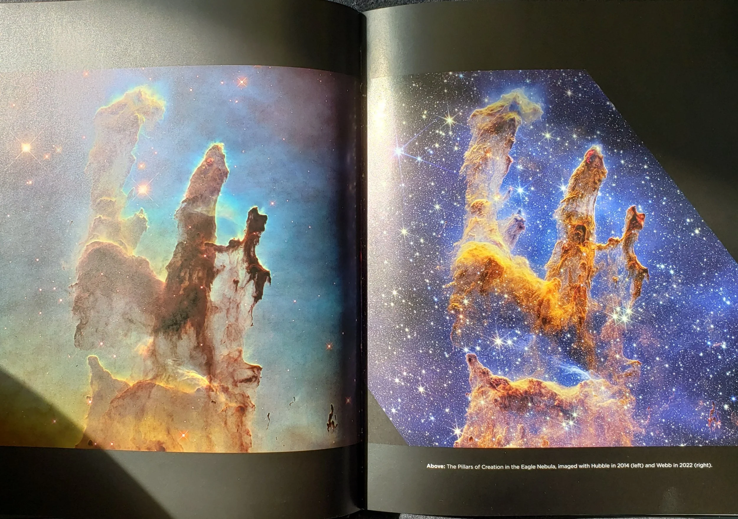Open book of the Pillars of Creation in the Eagle Nebula, images from Hubble in 2014 (left) and James Webb Space Telescope in 2022 (right).