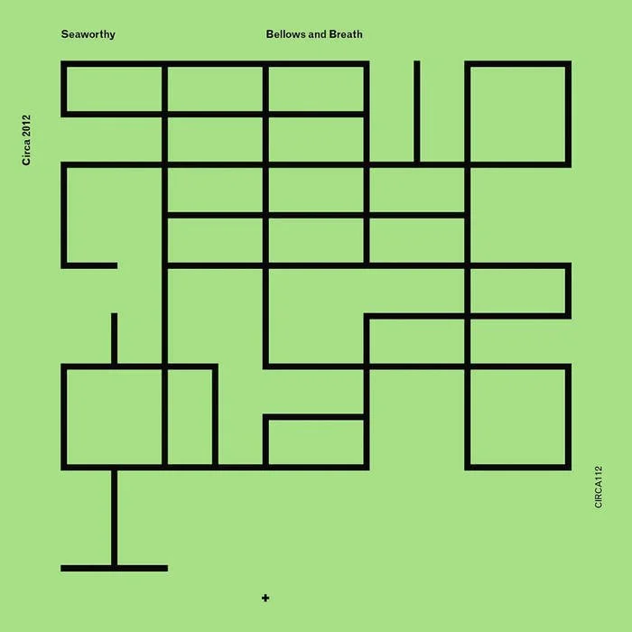 A maze puzzle titled 'Bellows and Breath' with a green background and black lines, created by Seaworthy, Circa 2012.