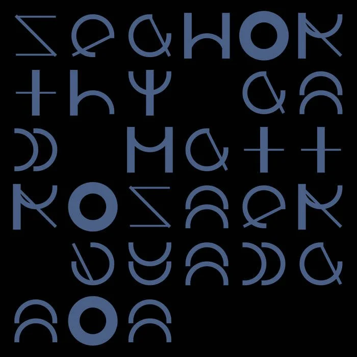 The image contains various symbols and shapes arranged in an abstract pattern, with a dark background and blue elements.