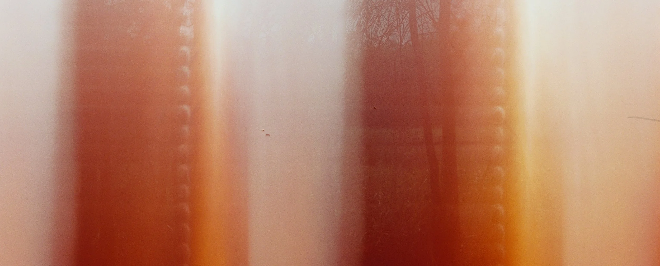 Blurry abstract image with vertical orange and white stripes and faint outlines of trees in the background.