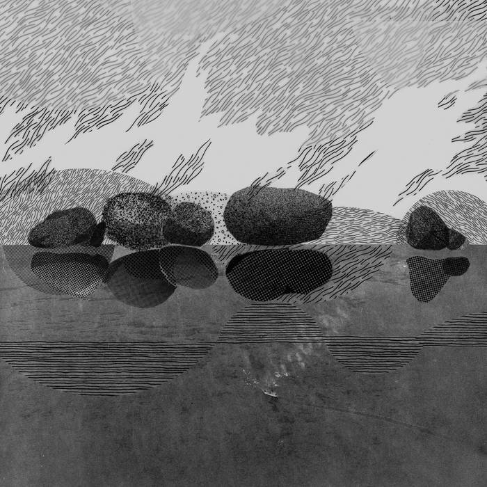 Black rocks reflected in water, with stylized lines and shading creating an abstract, artistic landscape scene.