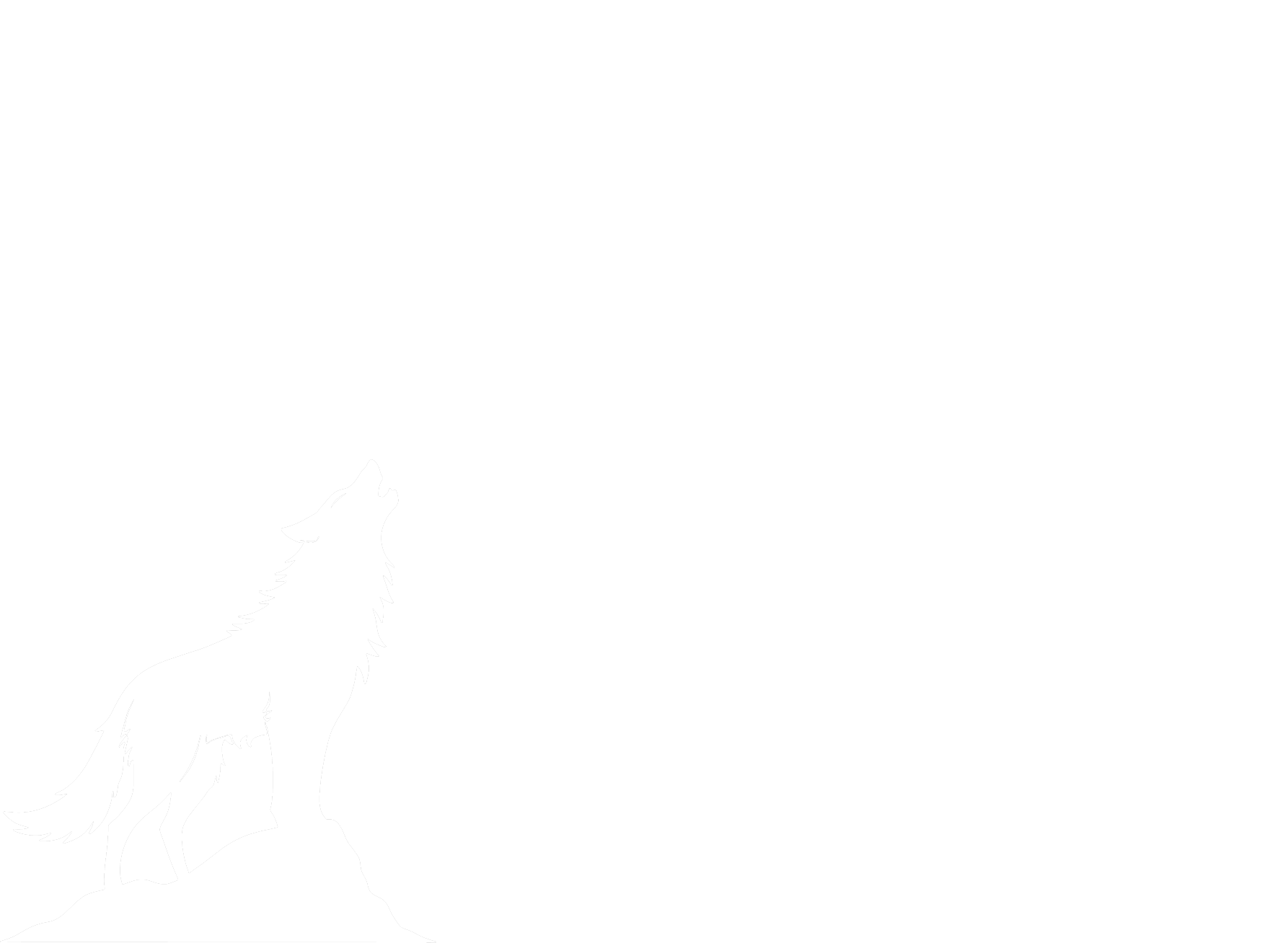 Silhouette of a wolf howling at the moon with a tree and a person riding a boat on the water.
