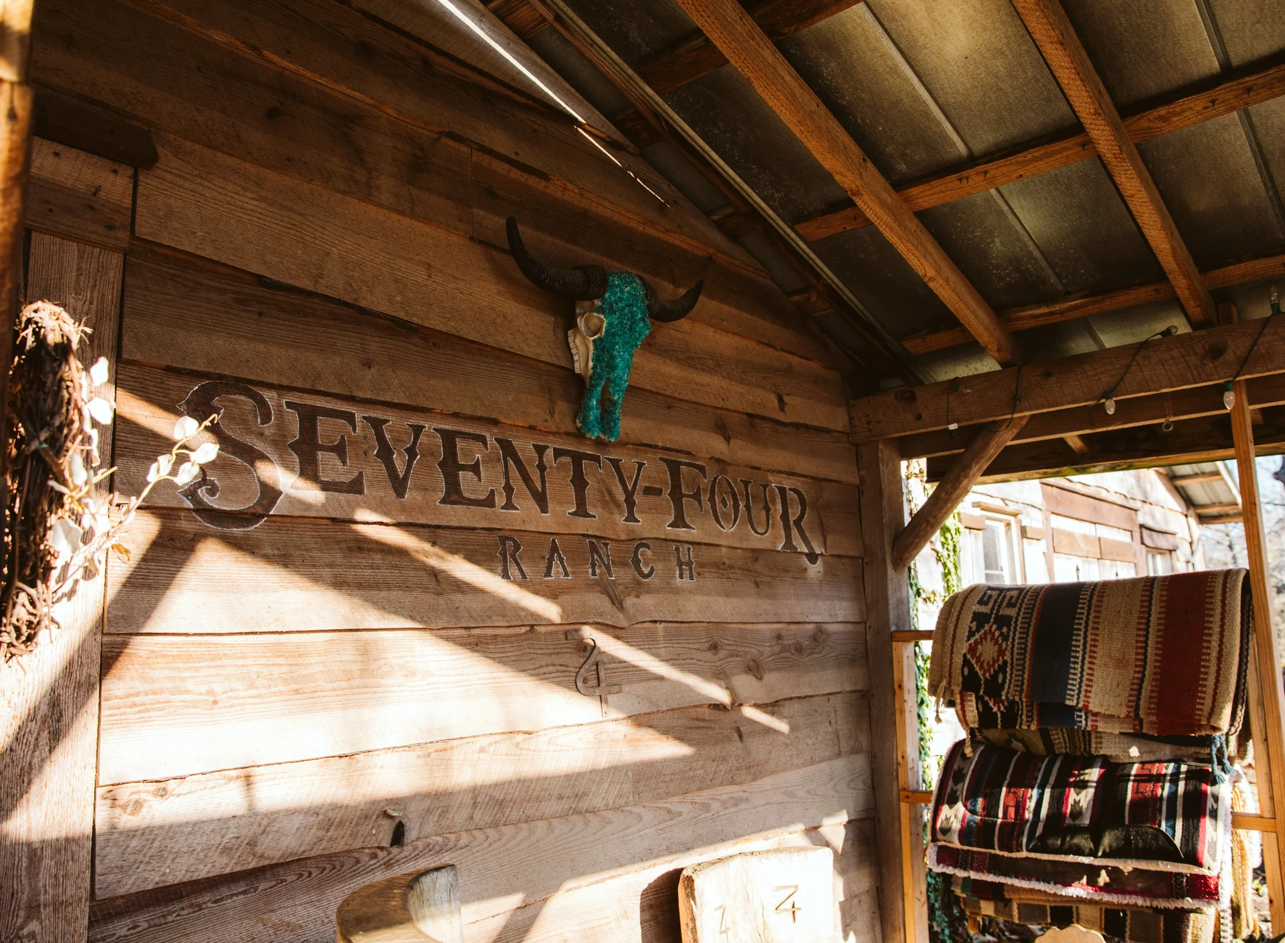 Seventy Four Ranch sign on a rustic wooden barn in North Georgia