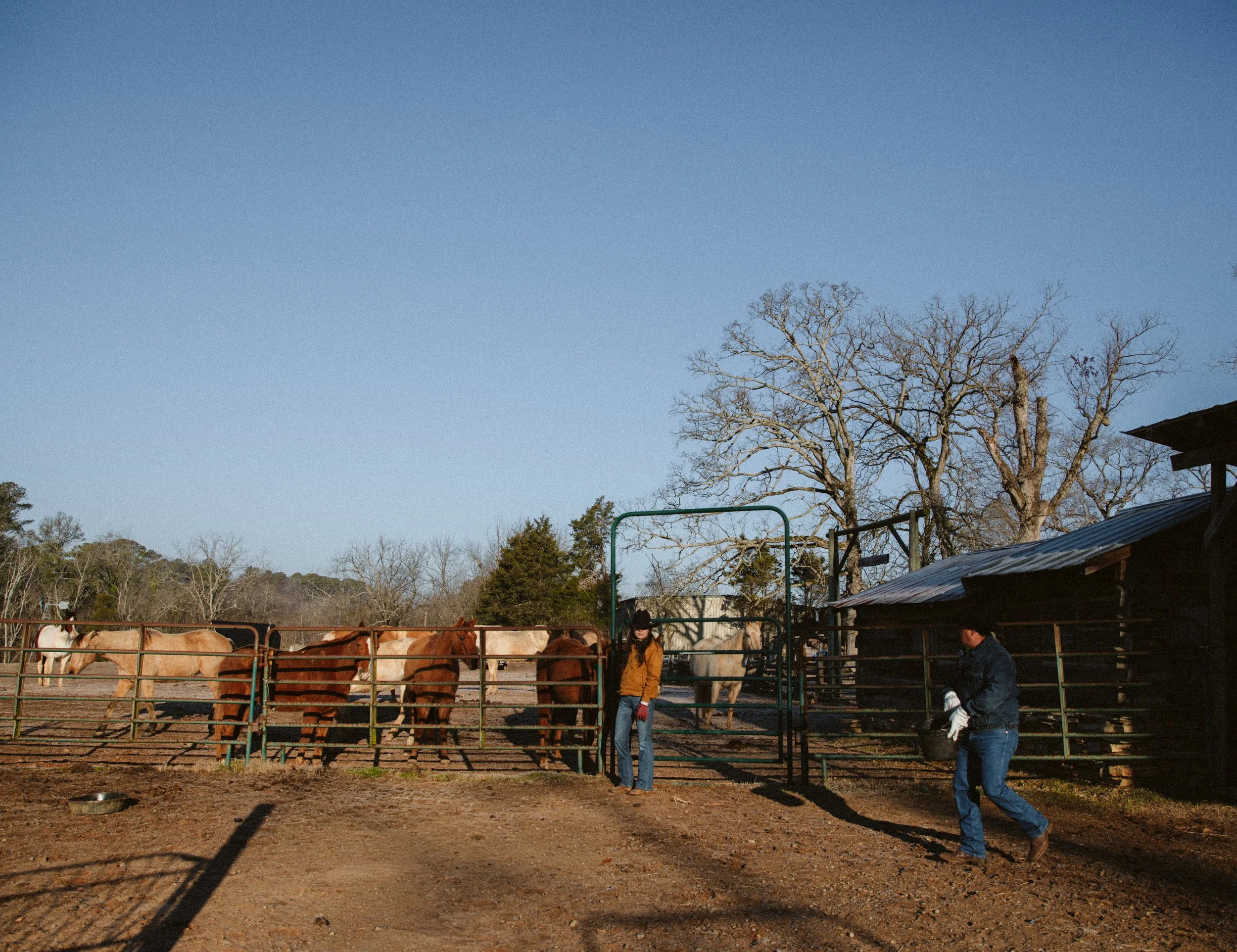 Ranch hands walking through a horse corral in North Georgia