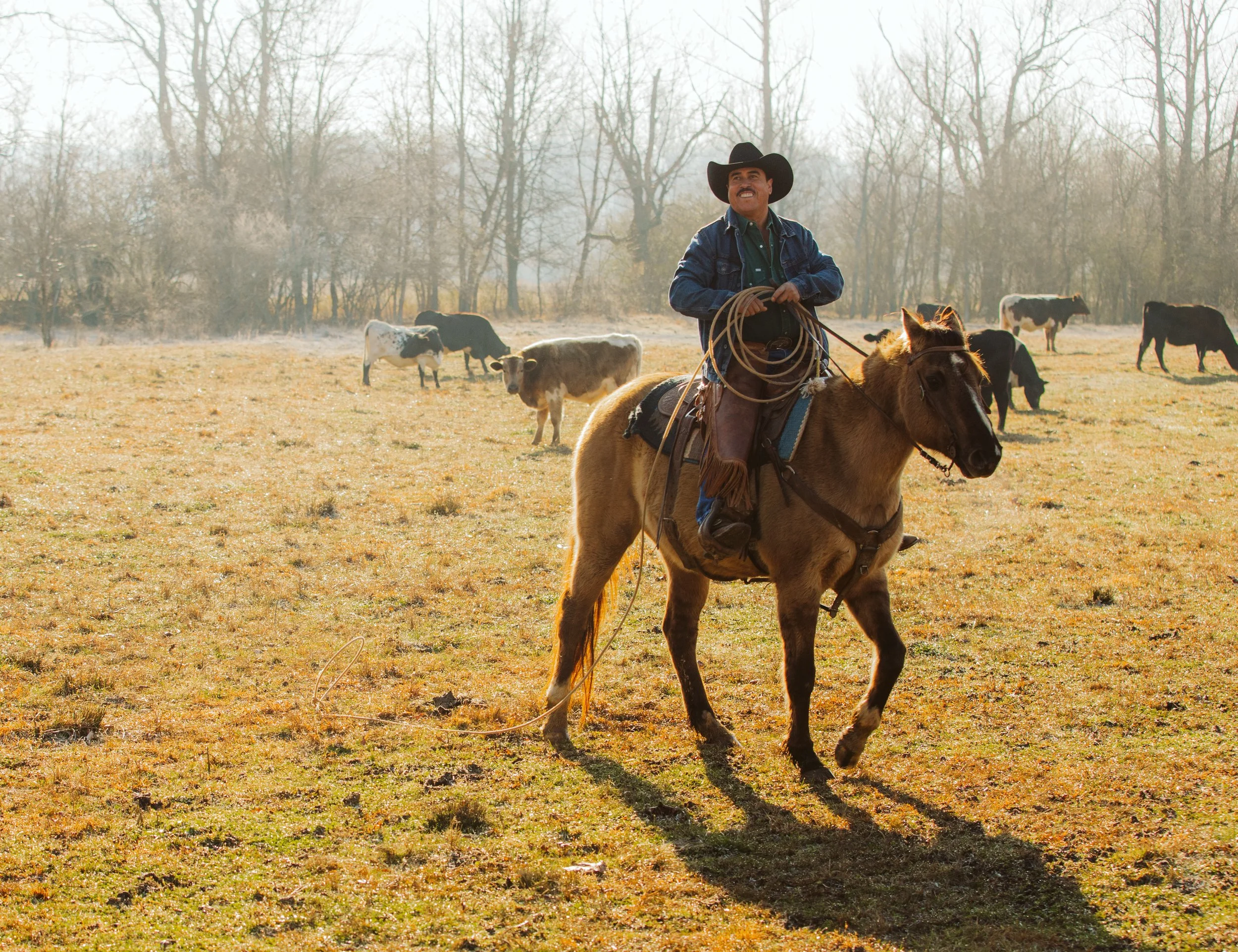 Rancher riding a horse through pasture in North Georgia