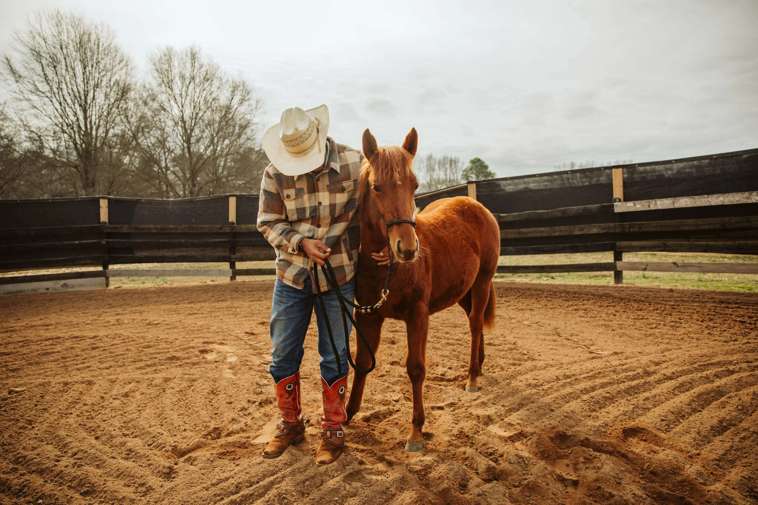  Trainer leading a young horse toward a pasture gate at a horse boarding facility in Georgia. 