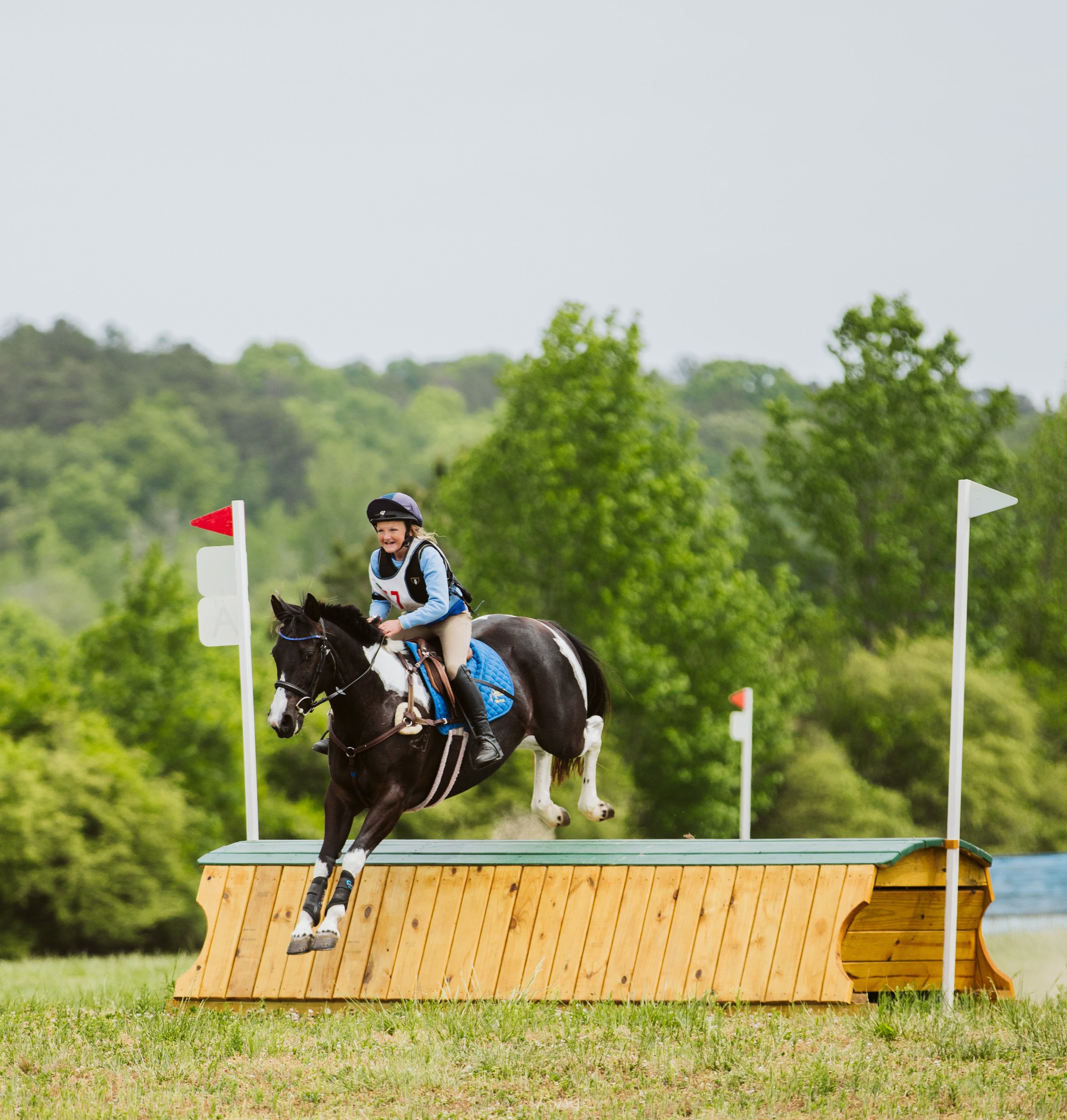 Event horse clearing large wooden fence