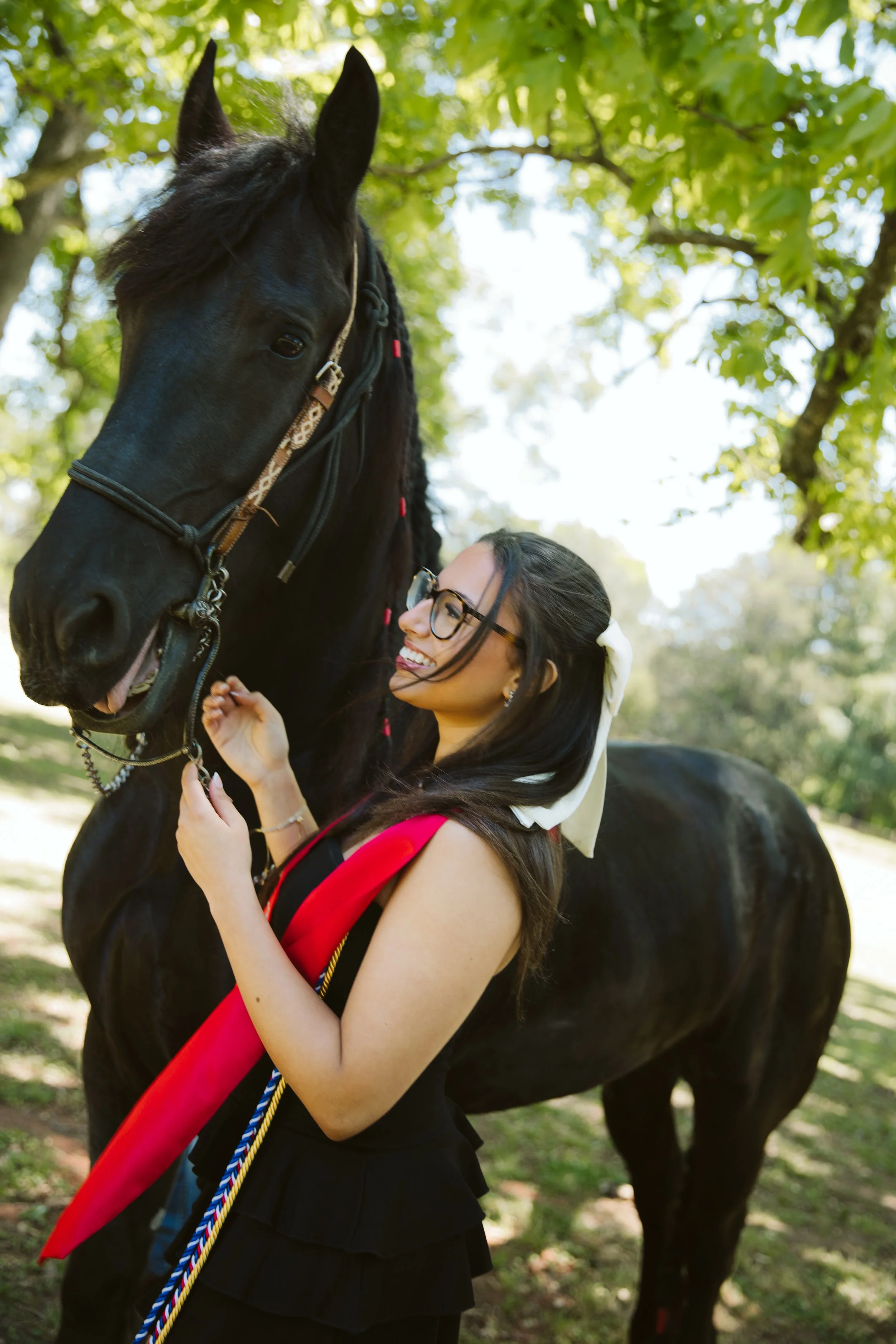 Close-up senior portrait with Friesian horse