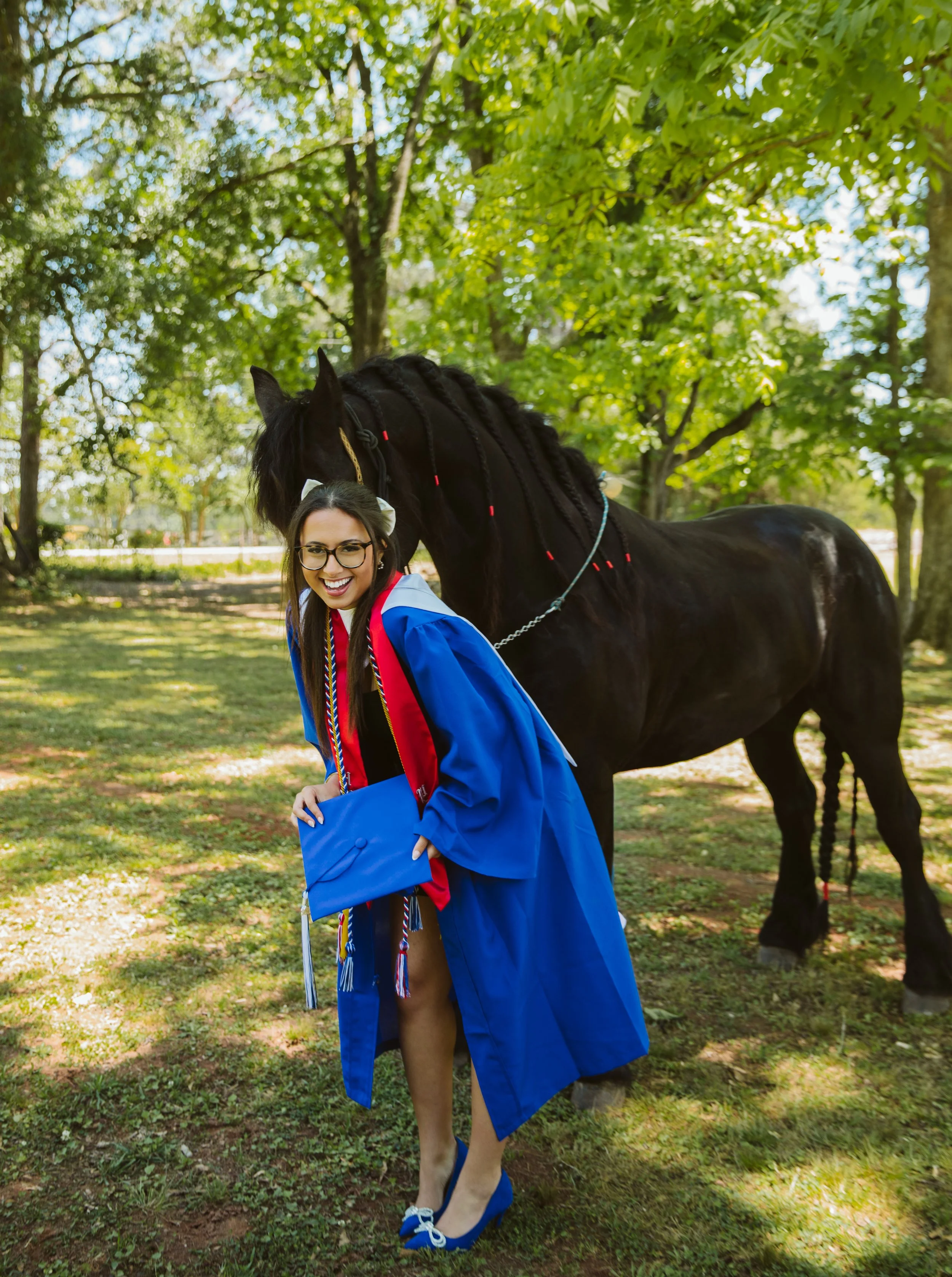 Horse girl senior portraits in blue gown