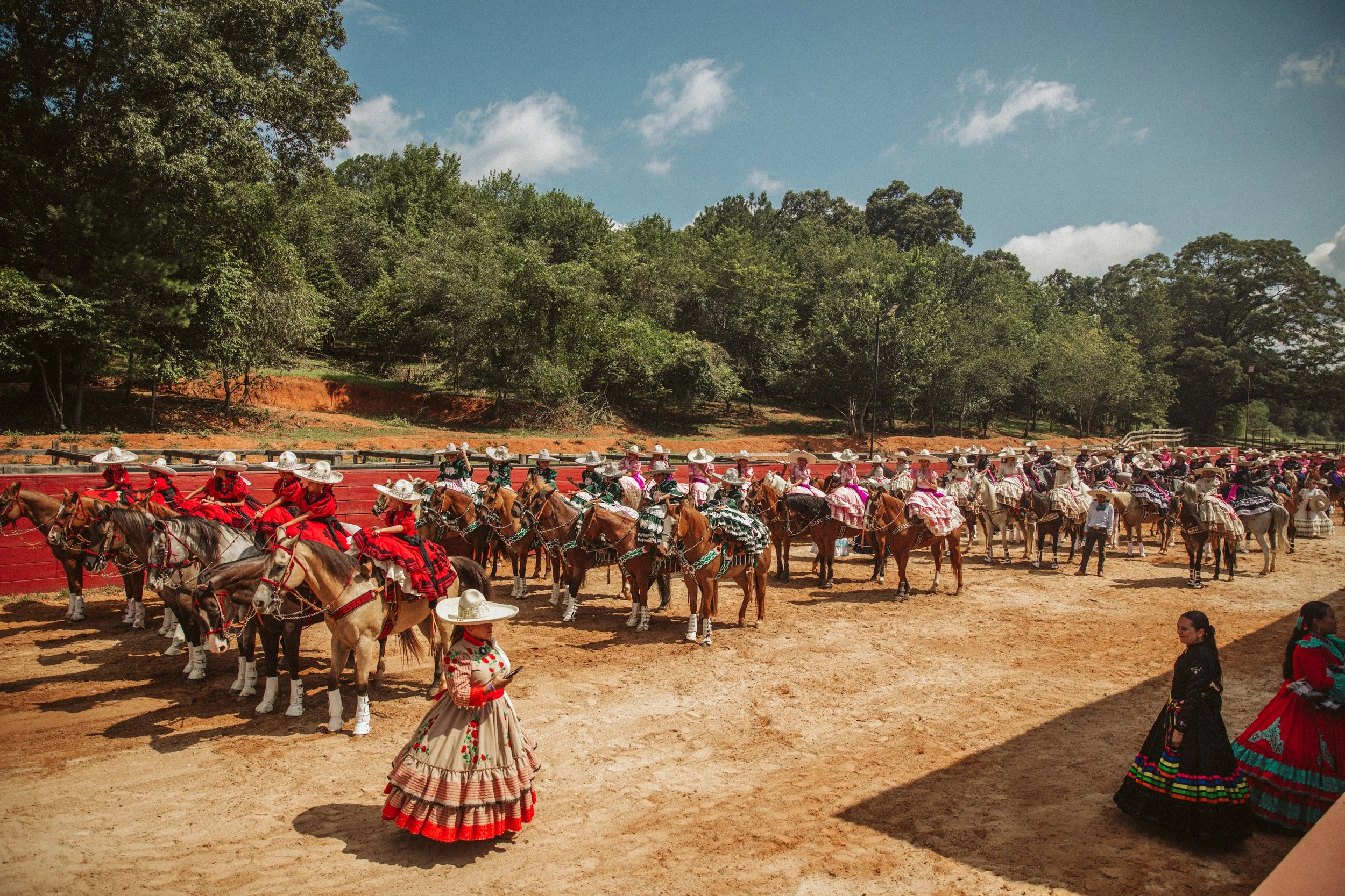 Escaramuza team gathered in charreada arena