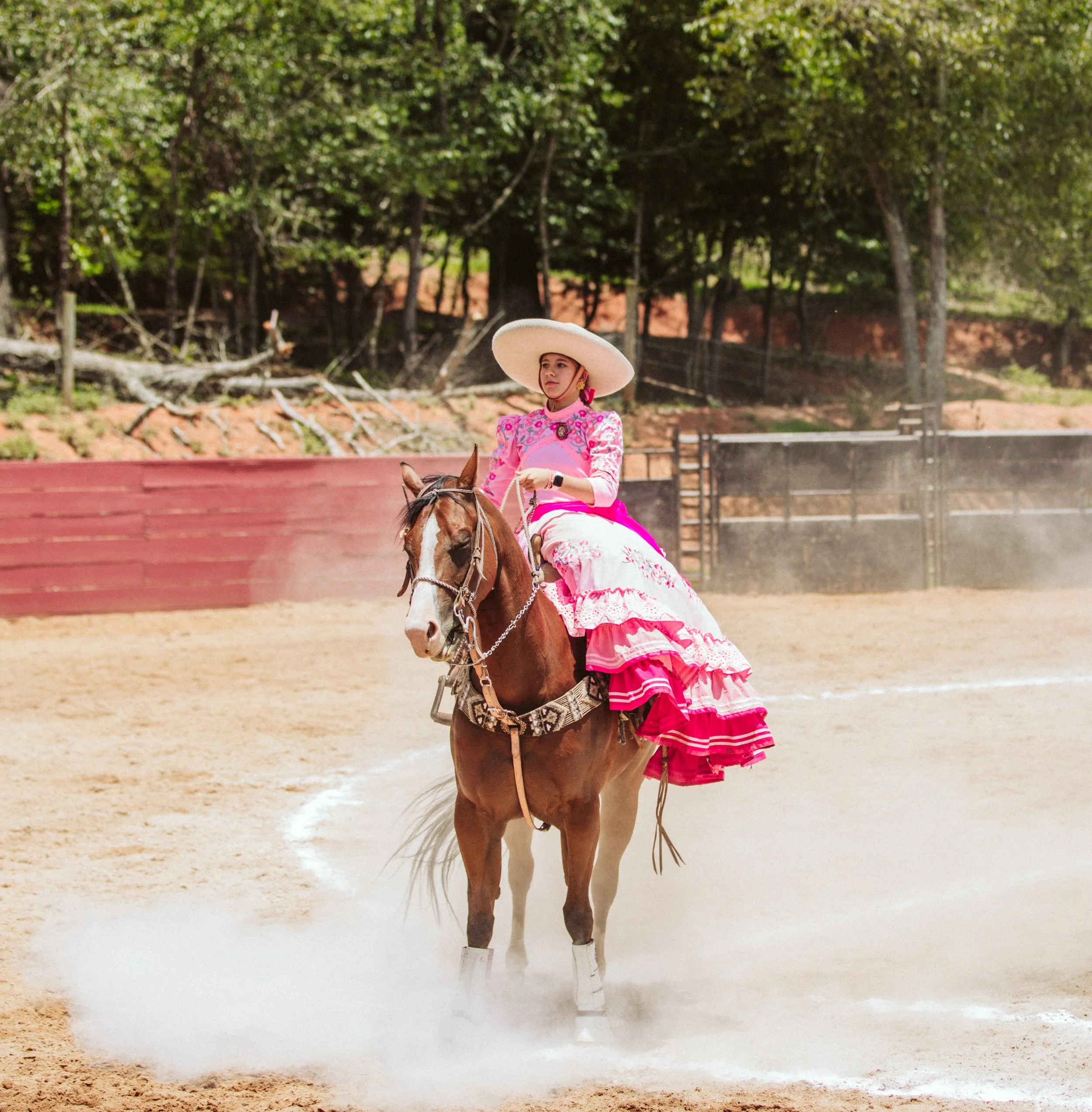 Escaramuza horse kicking up dust