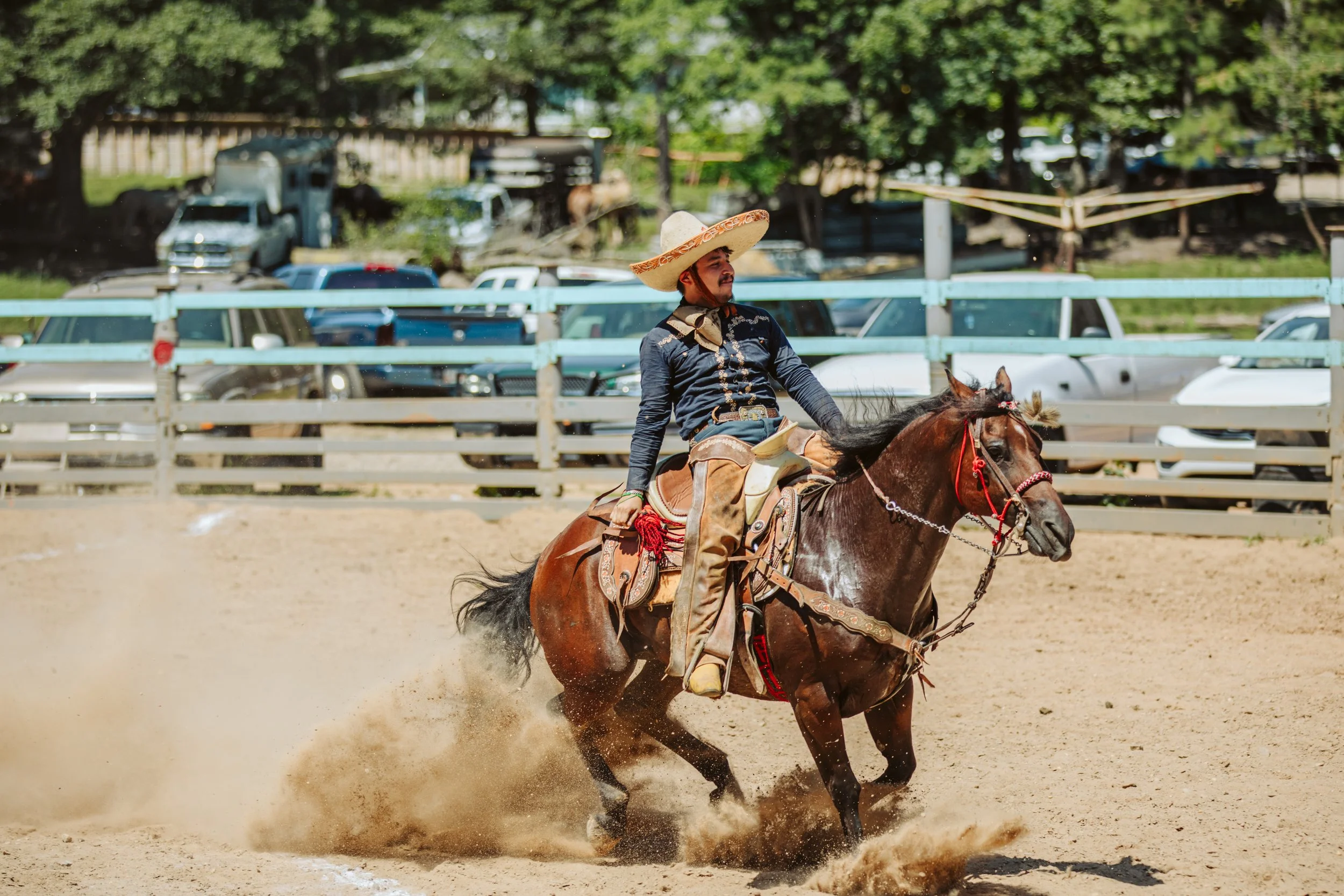 Charro Horse Sliding Through the Arena