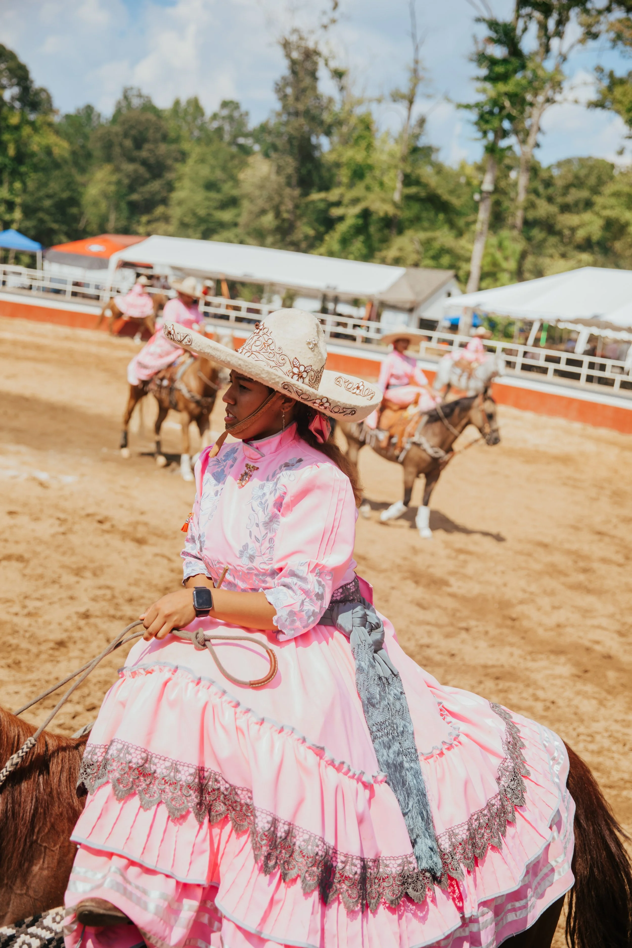 Pink Escaramuza Charra Rider on Horseback