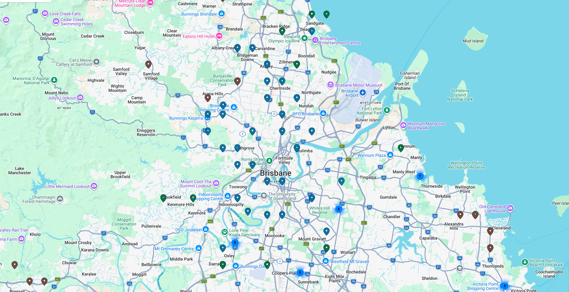 Lighthouse map extract showing retirement villages in Brisbane