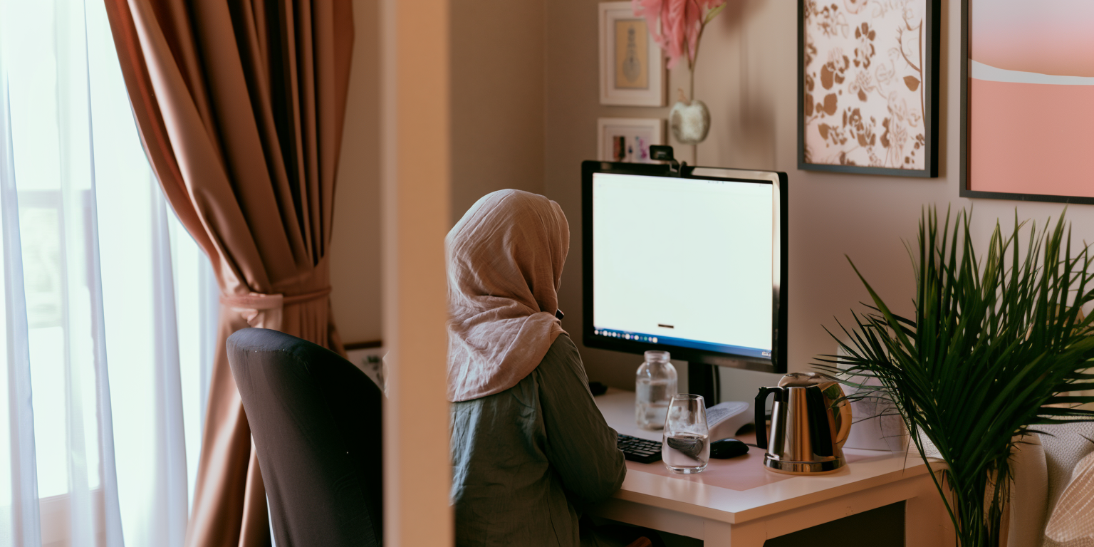 Muslim women working from home on her desktop