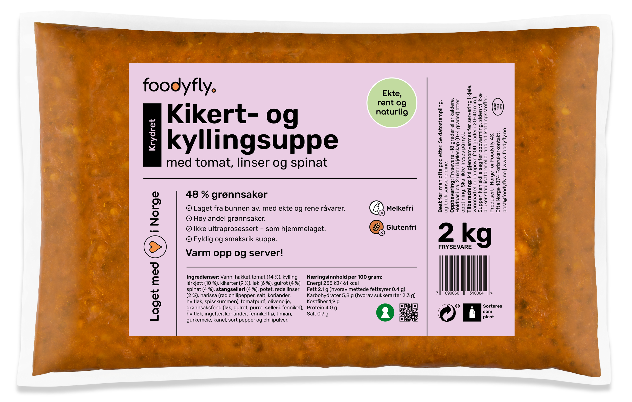 Pose med Kikert- og kyllingsuppe med tomat, spinat og linser