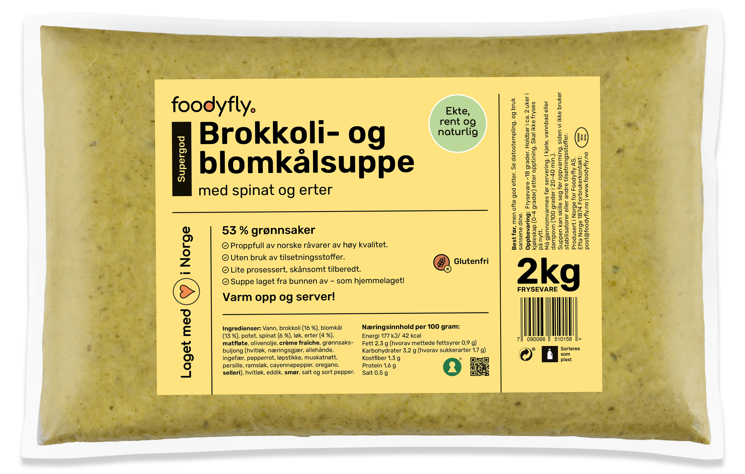 pose med Brokkoli- og blomkålsuppe med spinat og erter