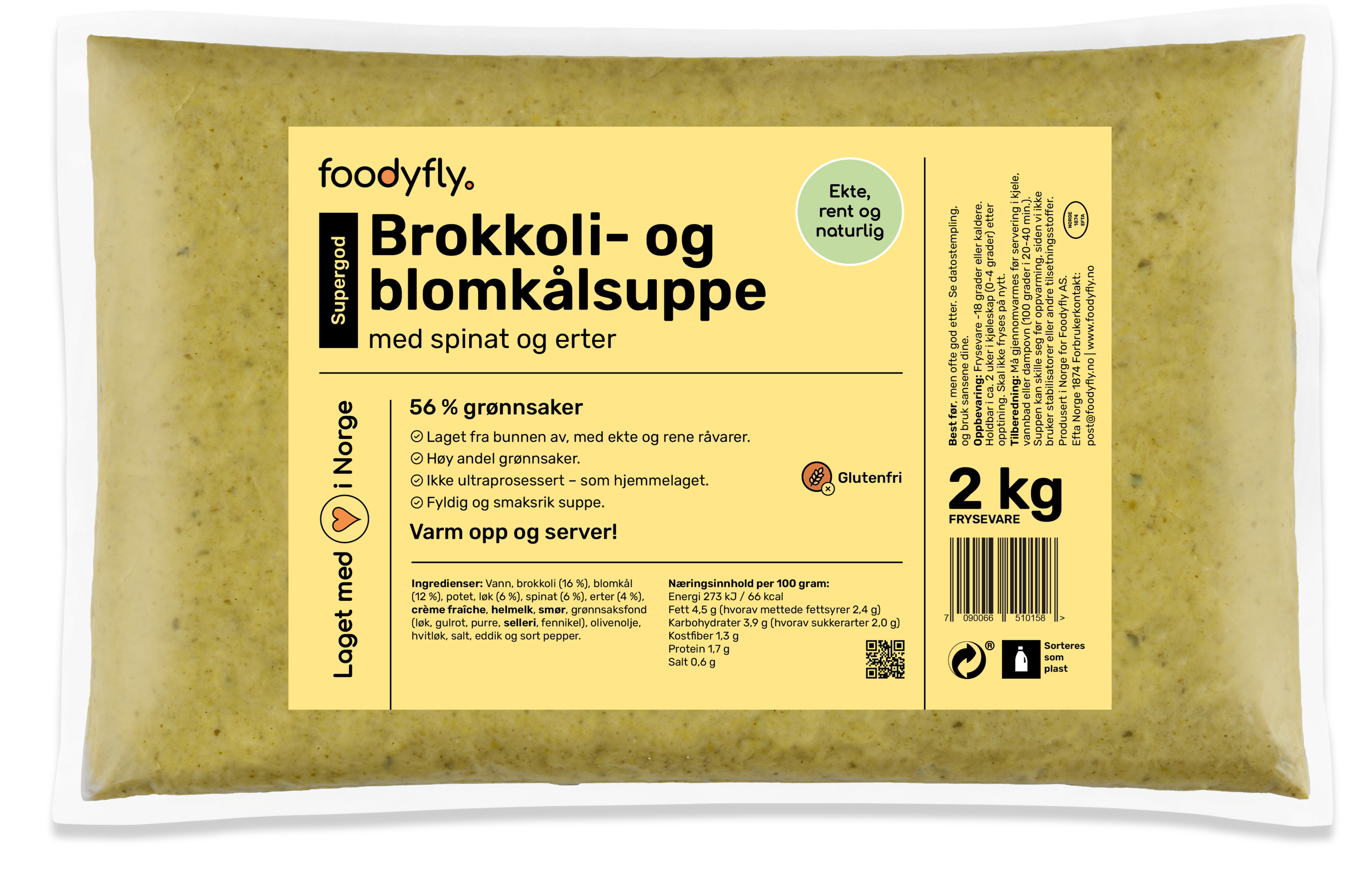 pose med Brokkoli- og blomkålsuppe med spinat og erter
