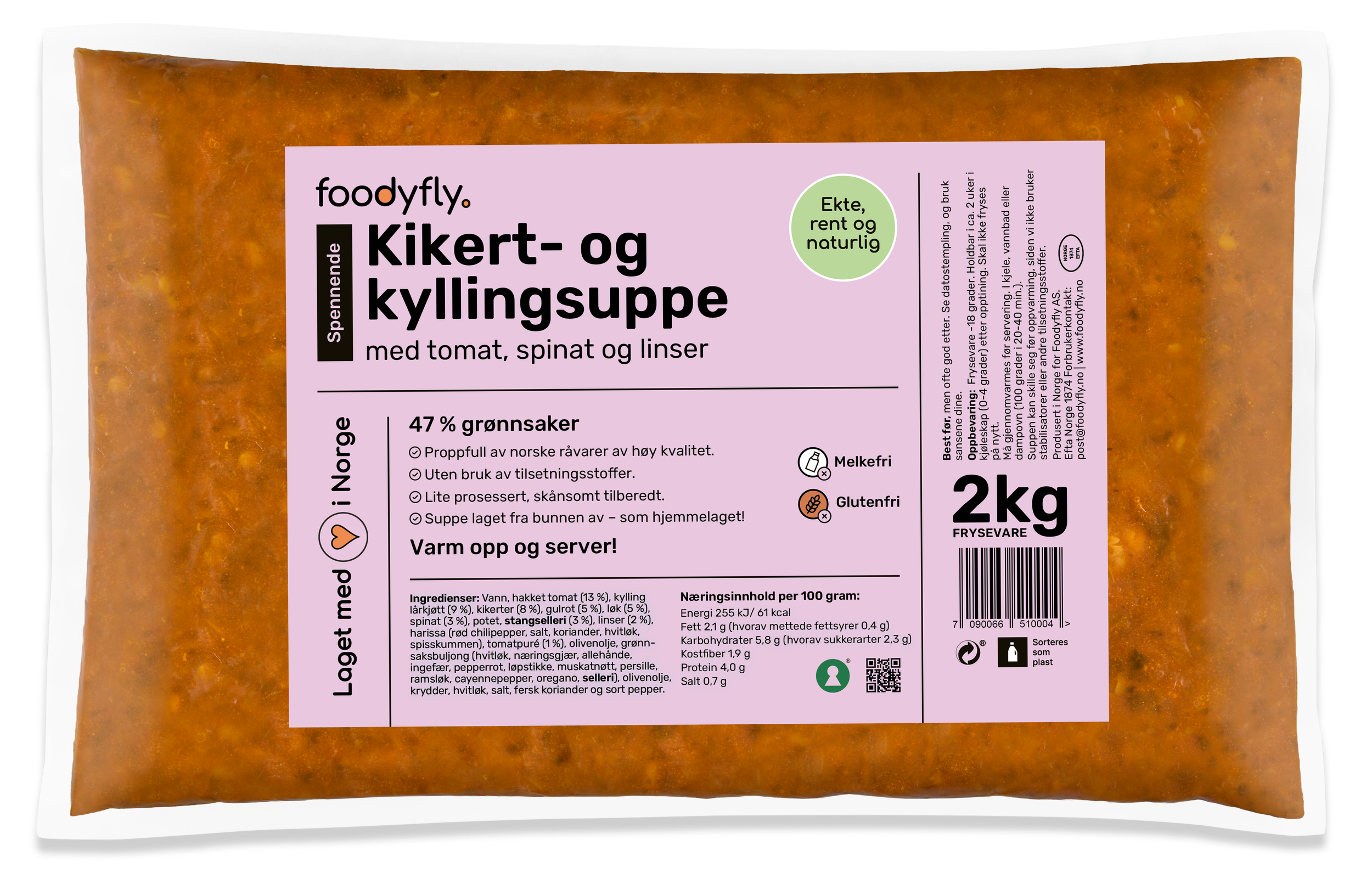 Pose med Kikert- og kyllingsuppe med tomat, spinat og linser