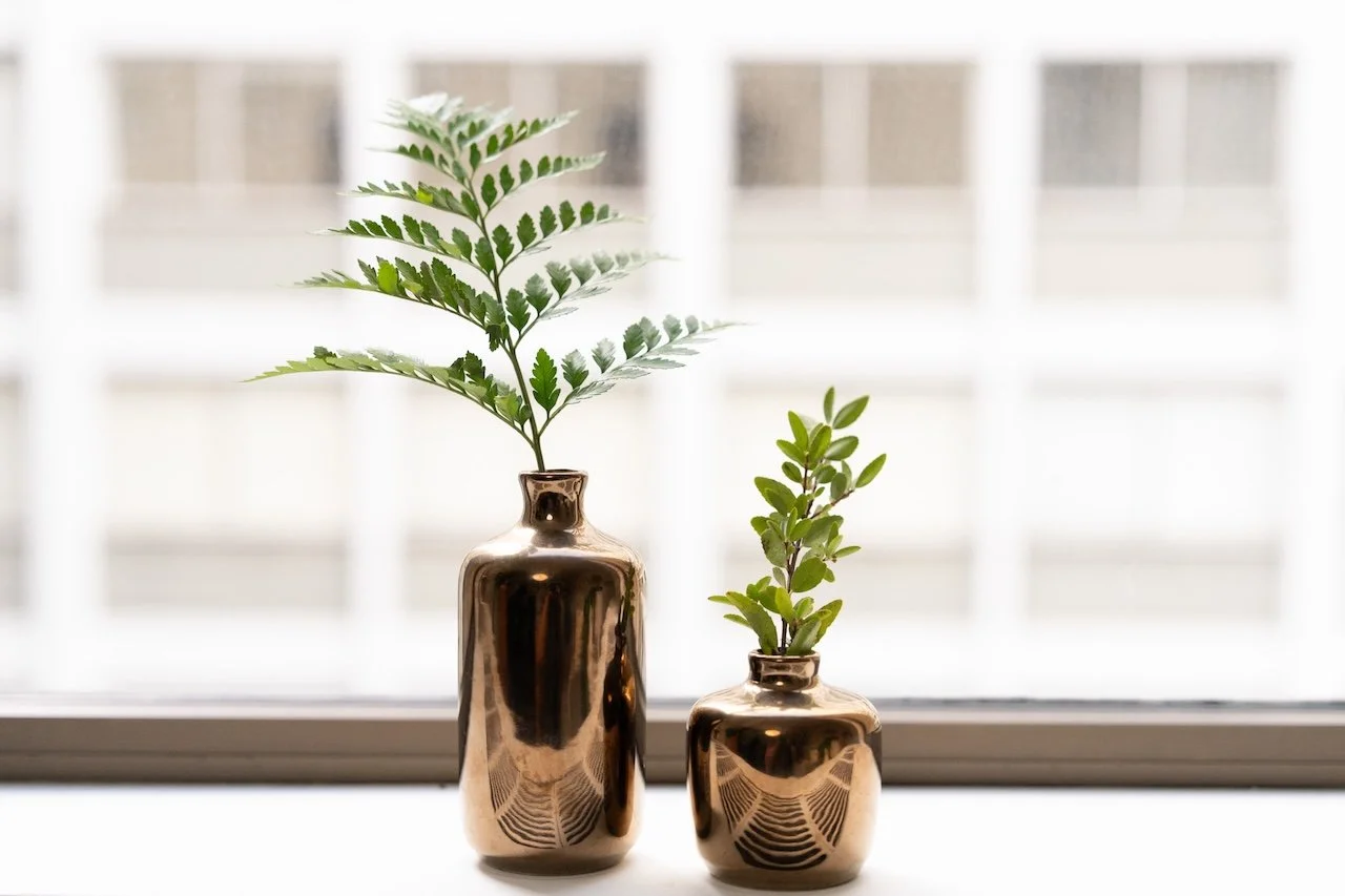 Two bronze vases with green leafy plants sit on a windowsill against a blurred window background.
