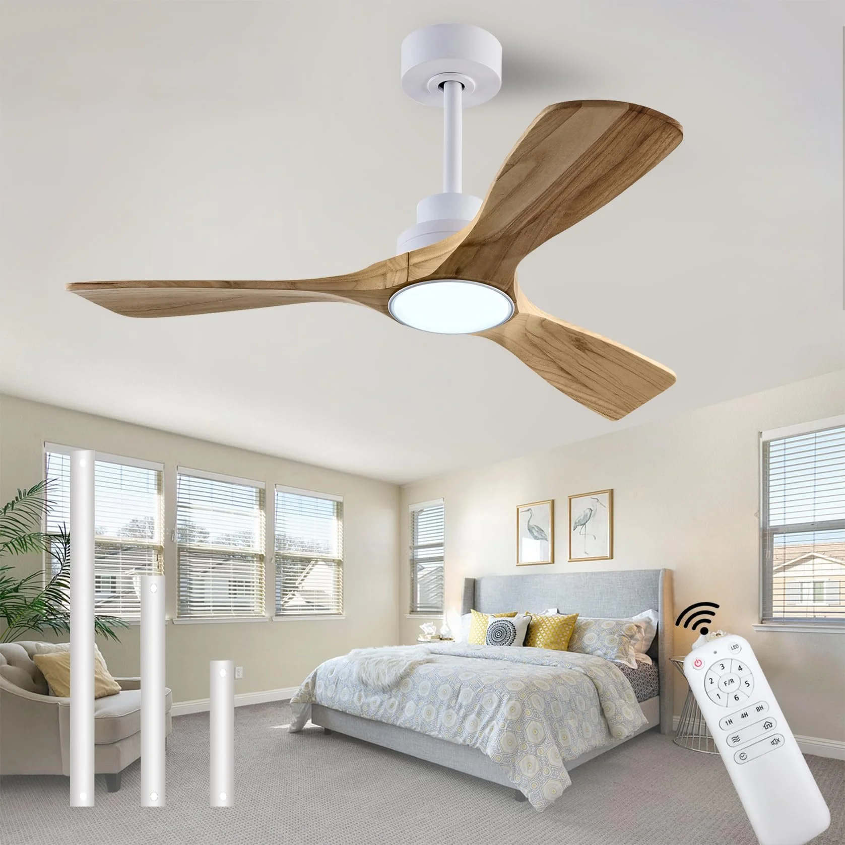 Modern bedroom with ceiling fan, three smart light bulbs, and a remote control