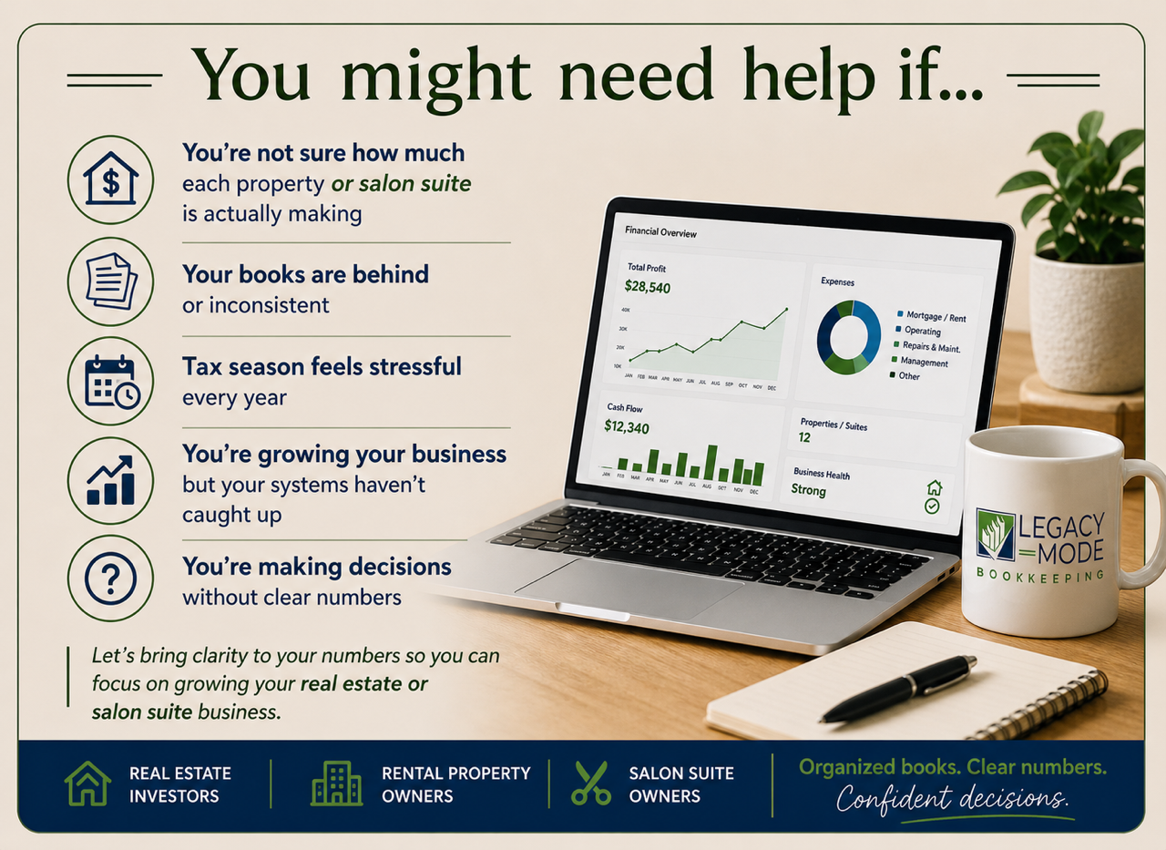 Legacy Mode Bookkeeping infographic showing common bookkeeping challenges for real estate investors, rental property owners, Airbnb hosts, and salon suite owners needing organized books and cash flow clarity.