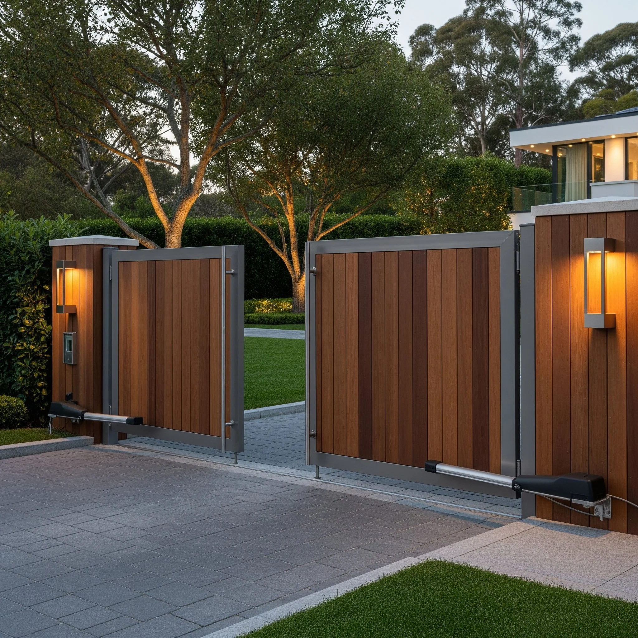 Electric sliding wooden gates with metal frames at an entrance, illuminated by modern wall-mounted lights, leading to a lush garden and house in the background.