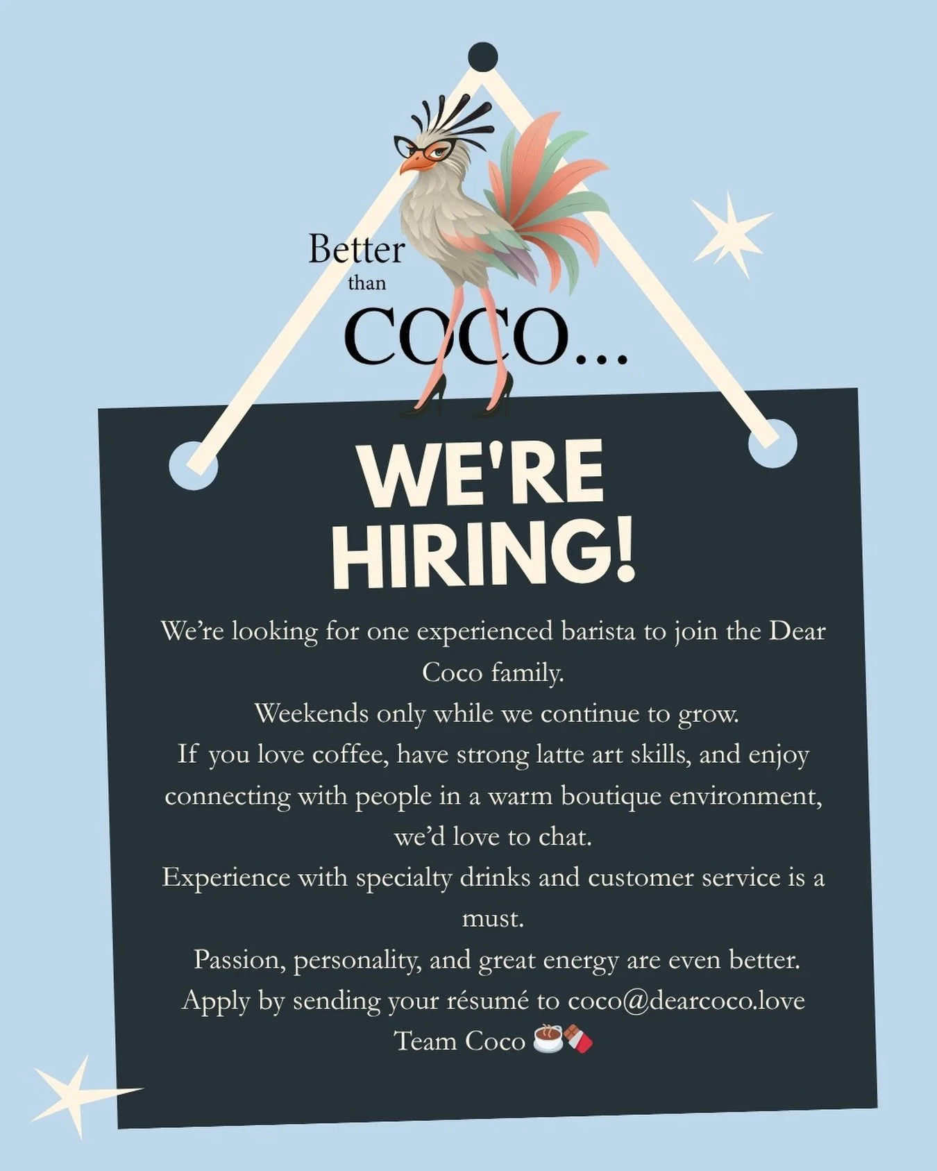 ✨ We&rsquo;re hiring at Better Than Coco ✨
If you&rsquo;re an experienced barista with great energy, strong latte art skills, and a love for boutique coffee culture, we&rsquo;d love to meet you. Weekends only while we grow.
Apply by sending your resu