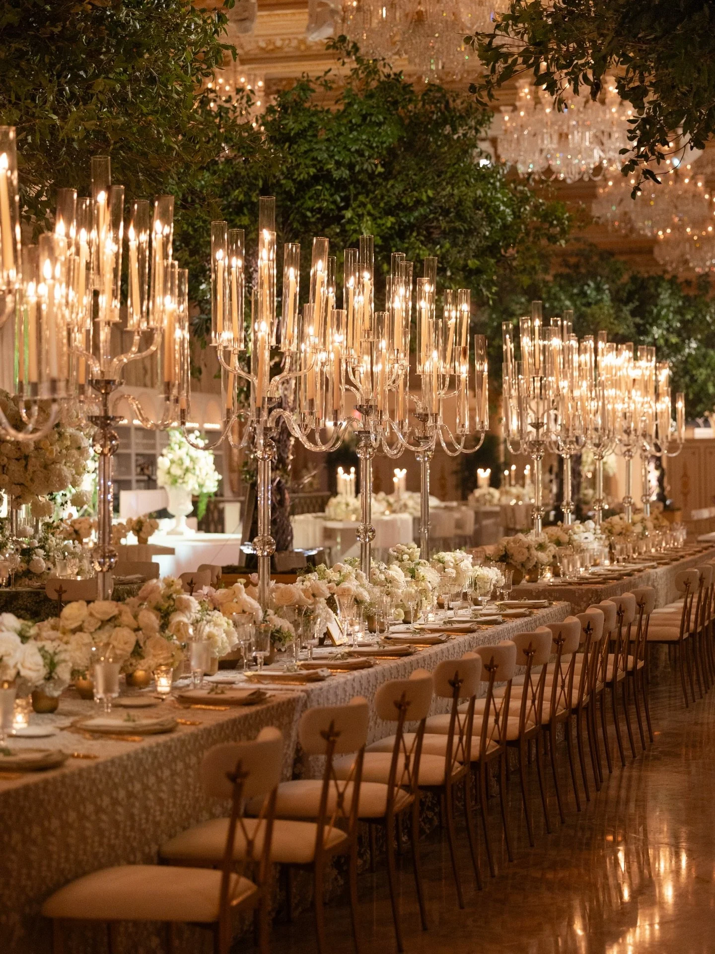 For Halle and Dillon&rsquo;s reception, we planted a garden inside one of Palm Beach&rsquo;s most gilded rooms. Full-scale trees rooted on the ballroom floor, a boxwood hedge wall with arched cutouts behind the stage, white ranunculus and anemones in