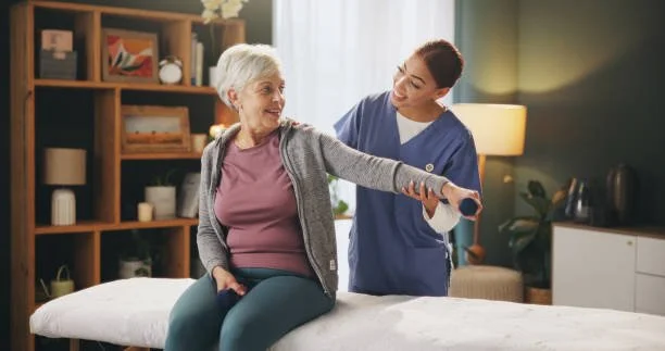 A caregiver assisting an elderly woman with physical therapy exercises in a living room setting.