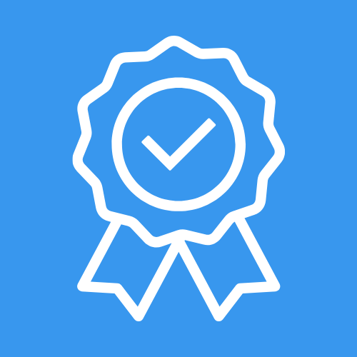 White award ribbon with a checkmark inside on a blue background.