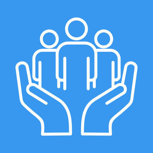 Illustration of two open hands holding three people icons against a blue background.