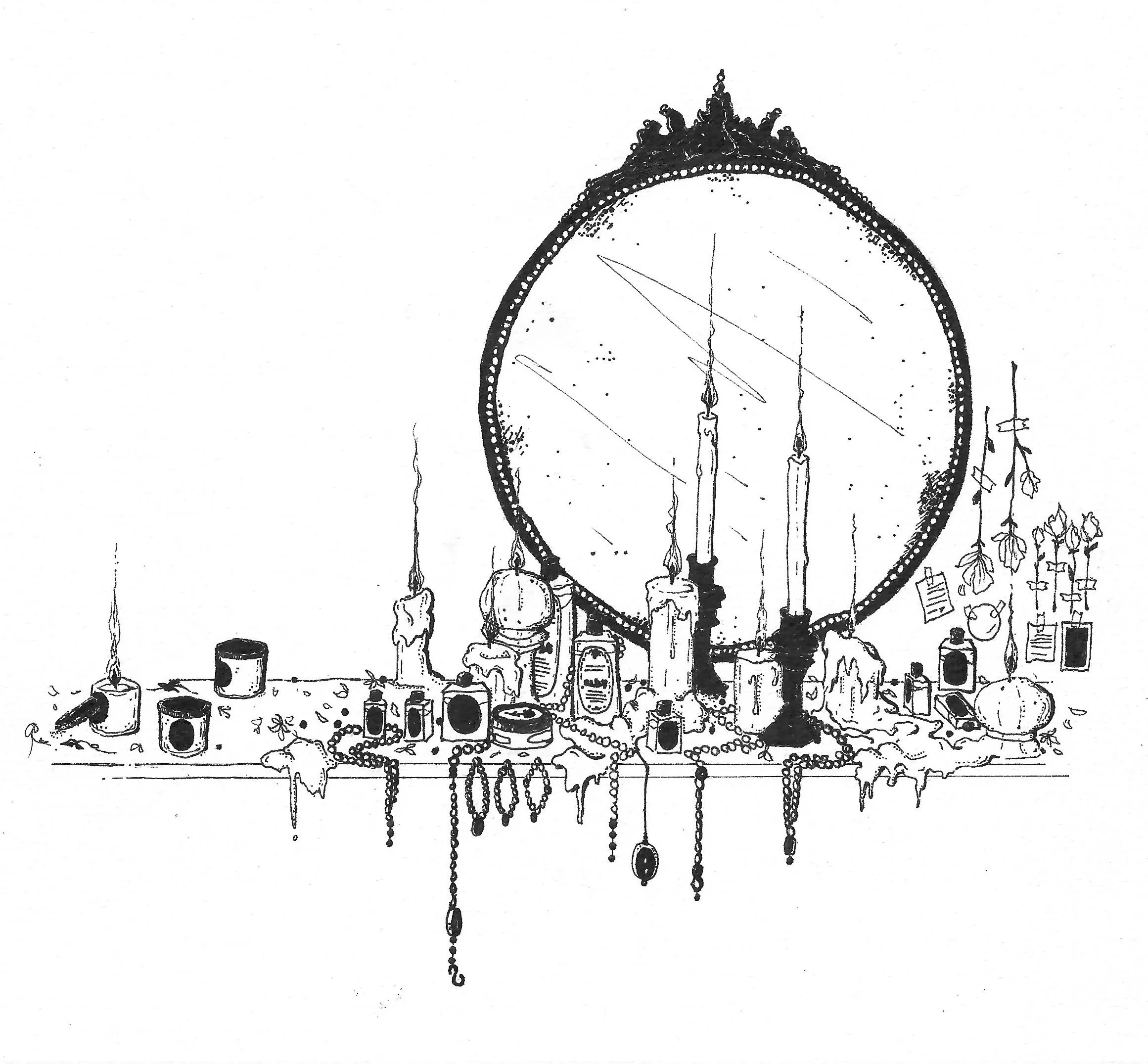A black and white sketch of a decorated tabletop with candles, jewelry, and a large round mirror.