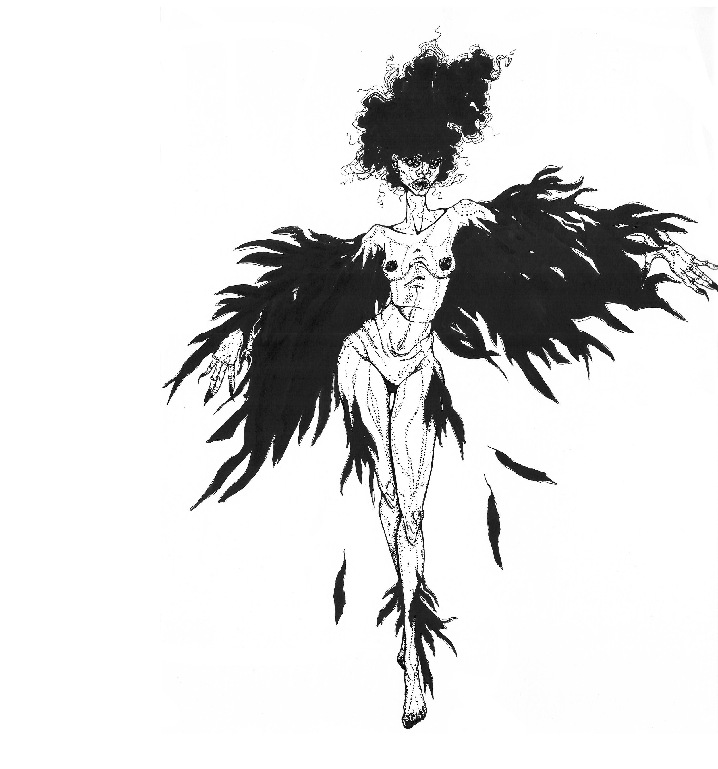 Black and white illustration of a winged female figure with wild hair, wearing no clothes, and with an intense expression.