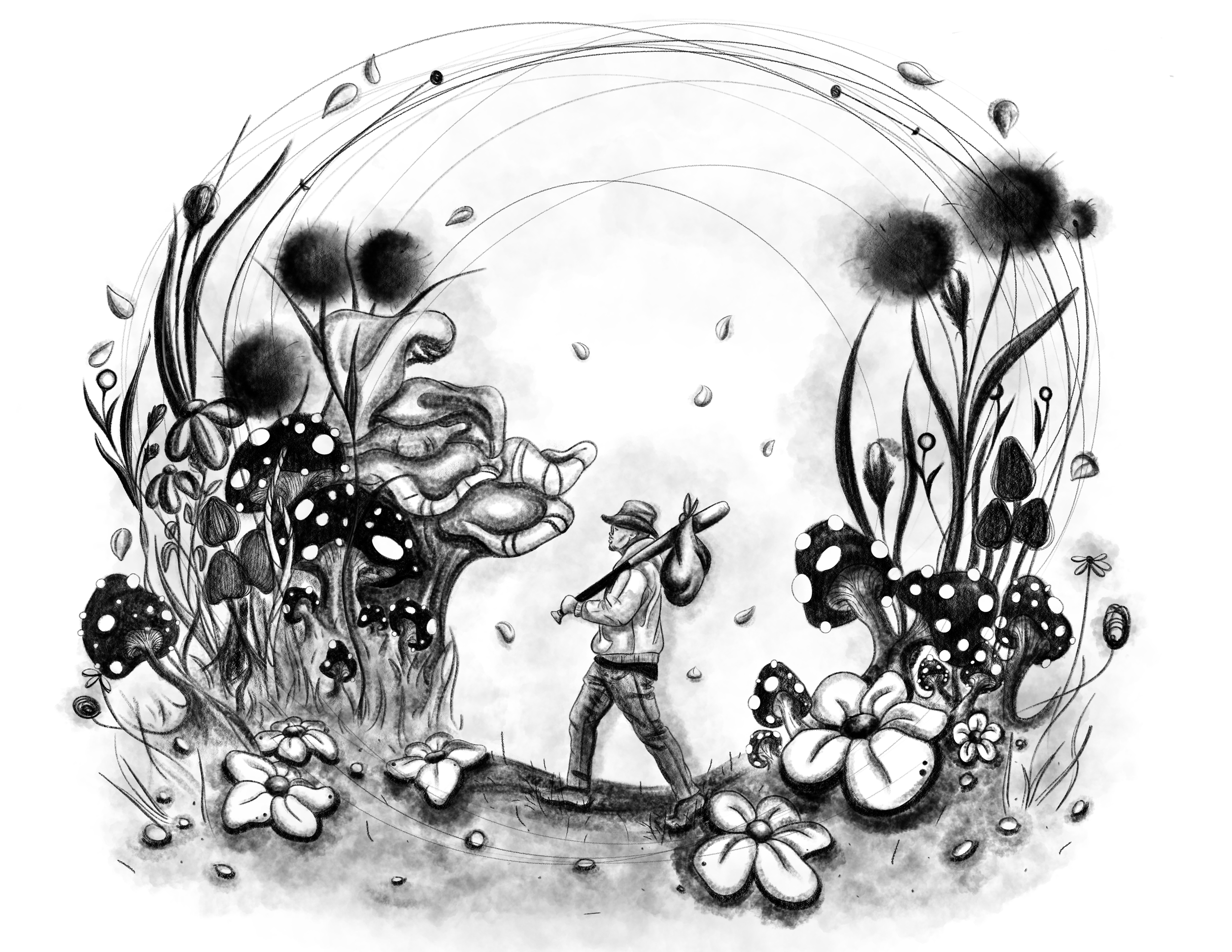 A black-and-white illustration of a person walking through a fantasy forest filled with oversized mushrooms, flowers, and foliage, with a dreamy circular sky overhead.