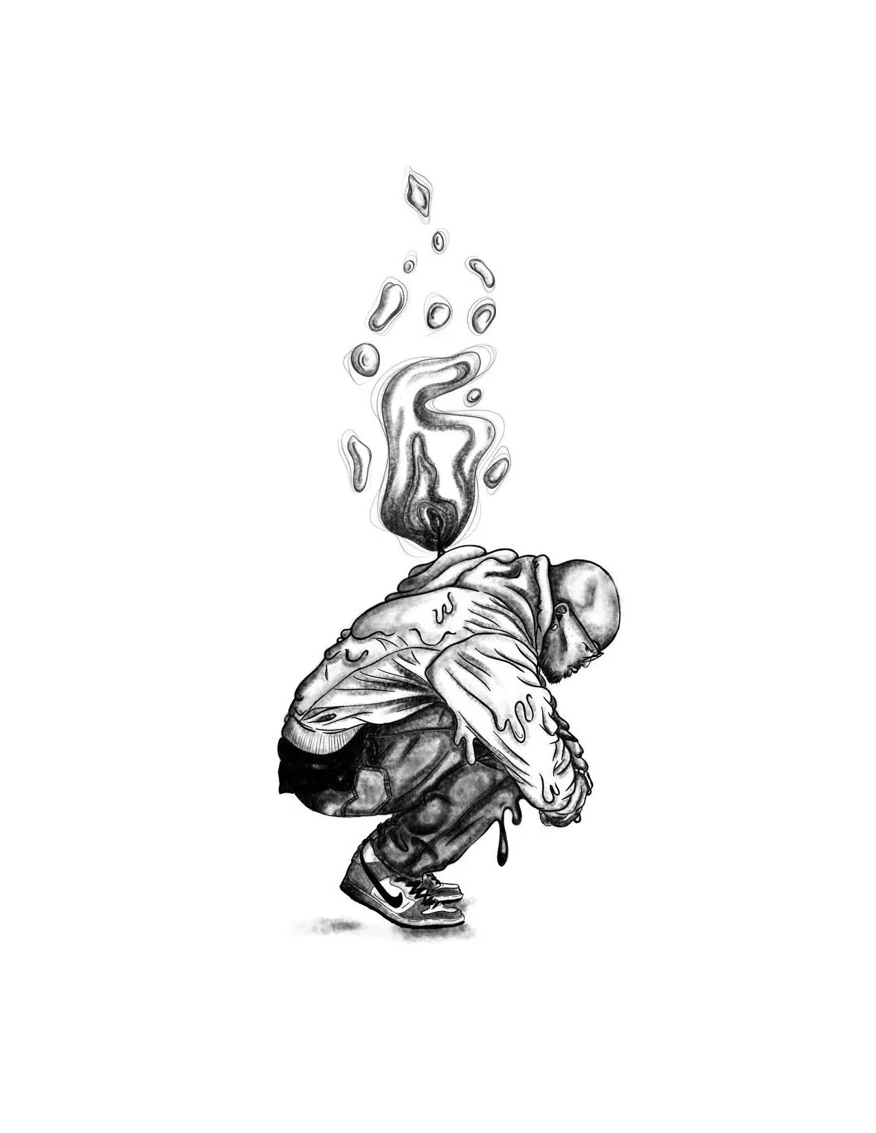 A black and white illustration of a man crouching with a cigarette emitting smoke above him, with melting and dripping elements on his clothing.