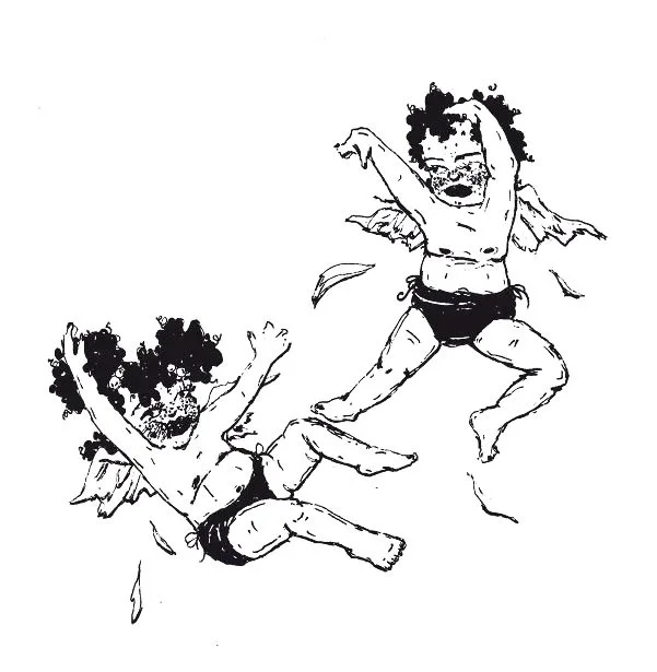 Drawing of two children with curly hair, dressed as fairies, playing and floating in the air with wings.