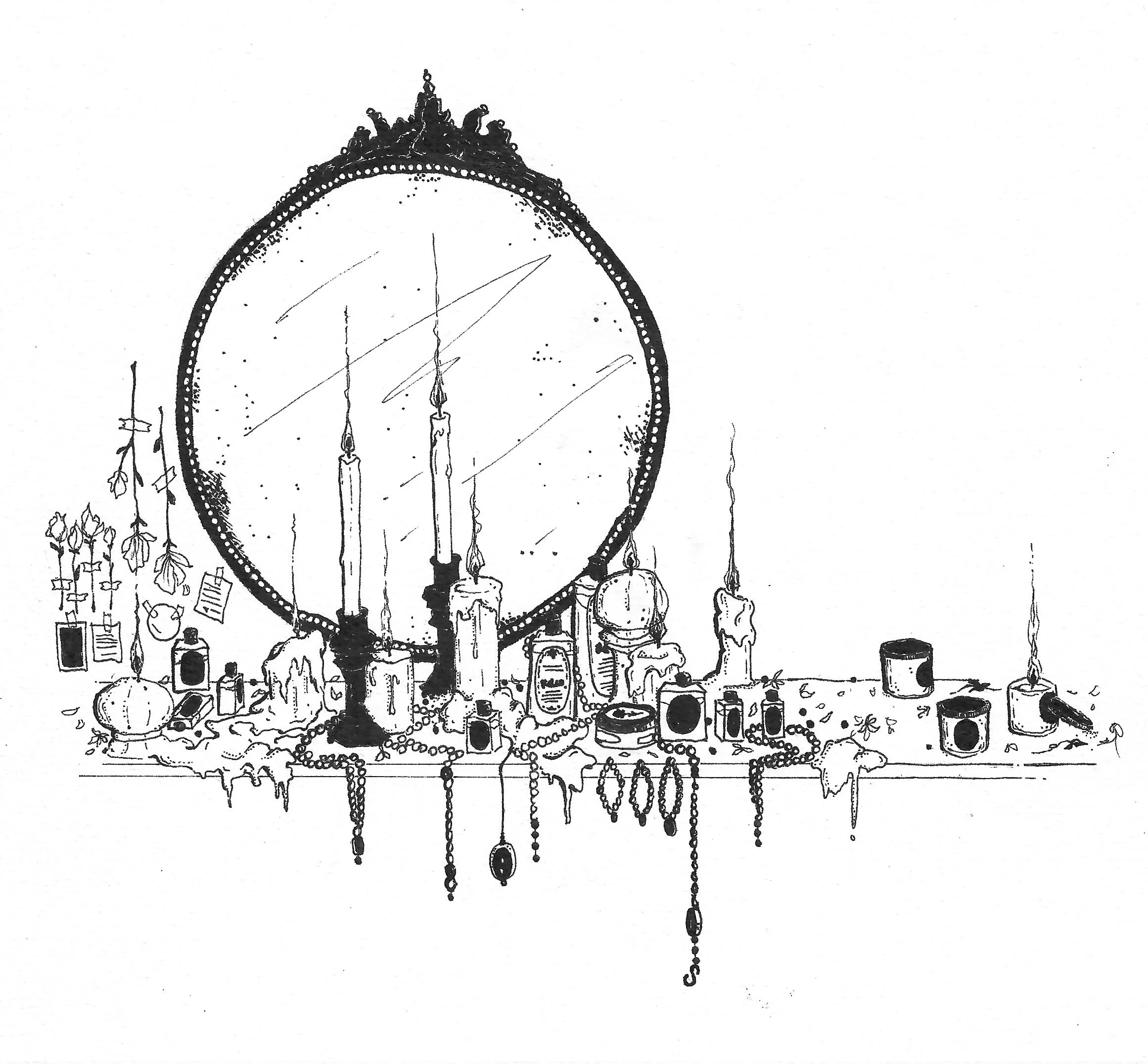 A black and white sketch of a round mirror on a vanity table. The tabletop is cluttered with candles, perfume bottles, jewelry, and decorative items, with melted wax spilling over the edges.
