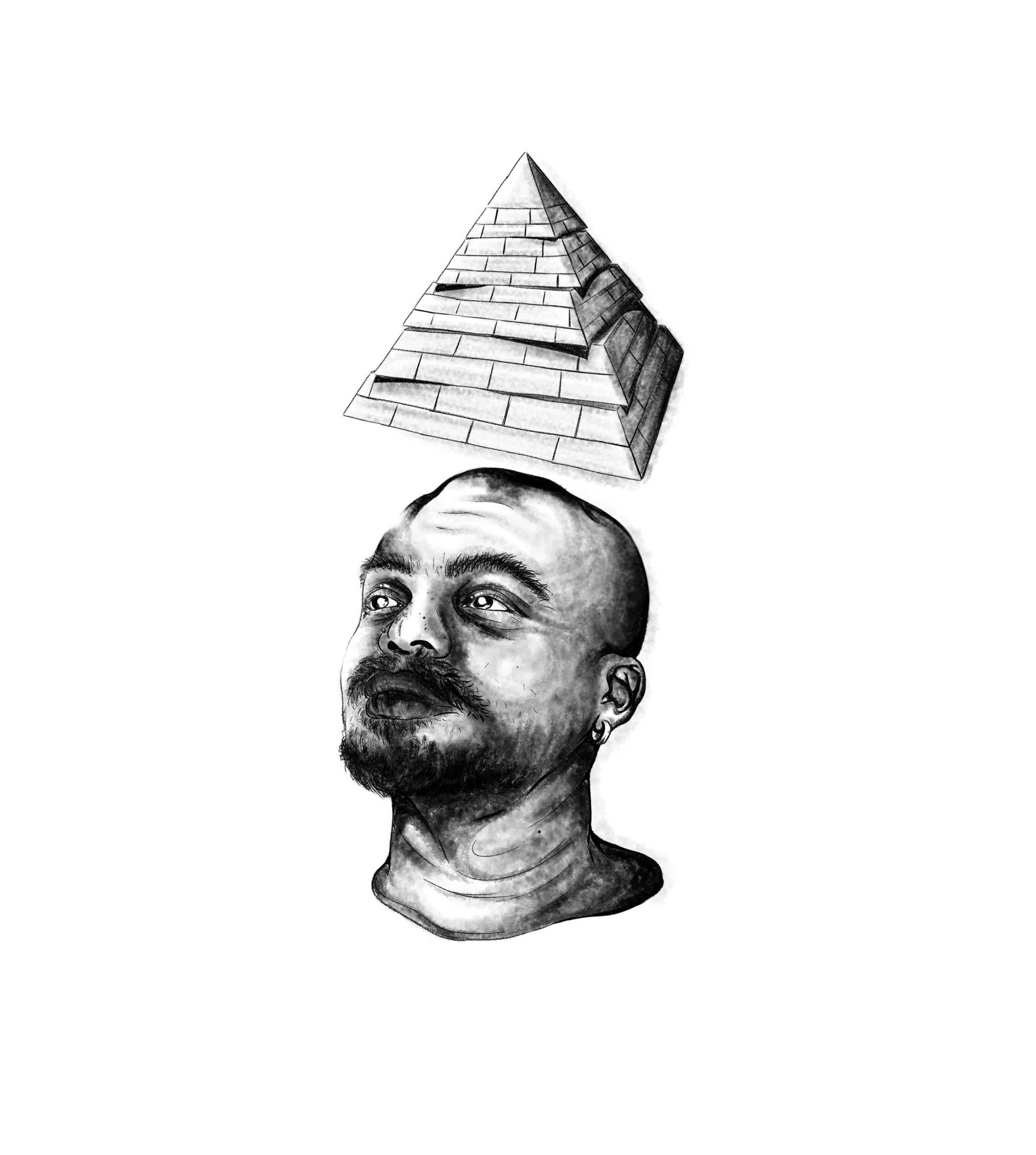 A black and white illustration of a man's head with a pyramid floating above it, resembling a mystical or surreal concept.