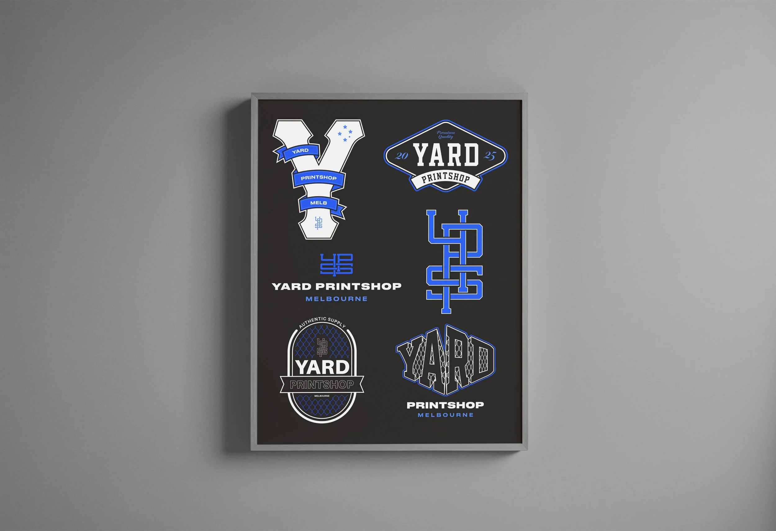 Collection of logo designs related to yard print shop in Melbourne, featuring various styles and colors, primarily blue, black, and white, with text and graphic elements.