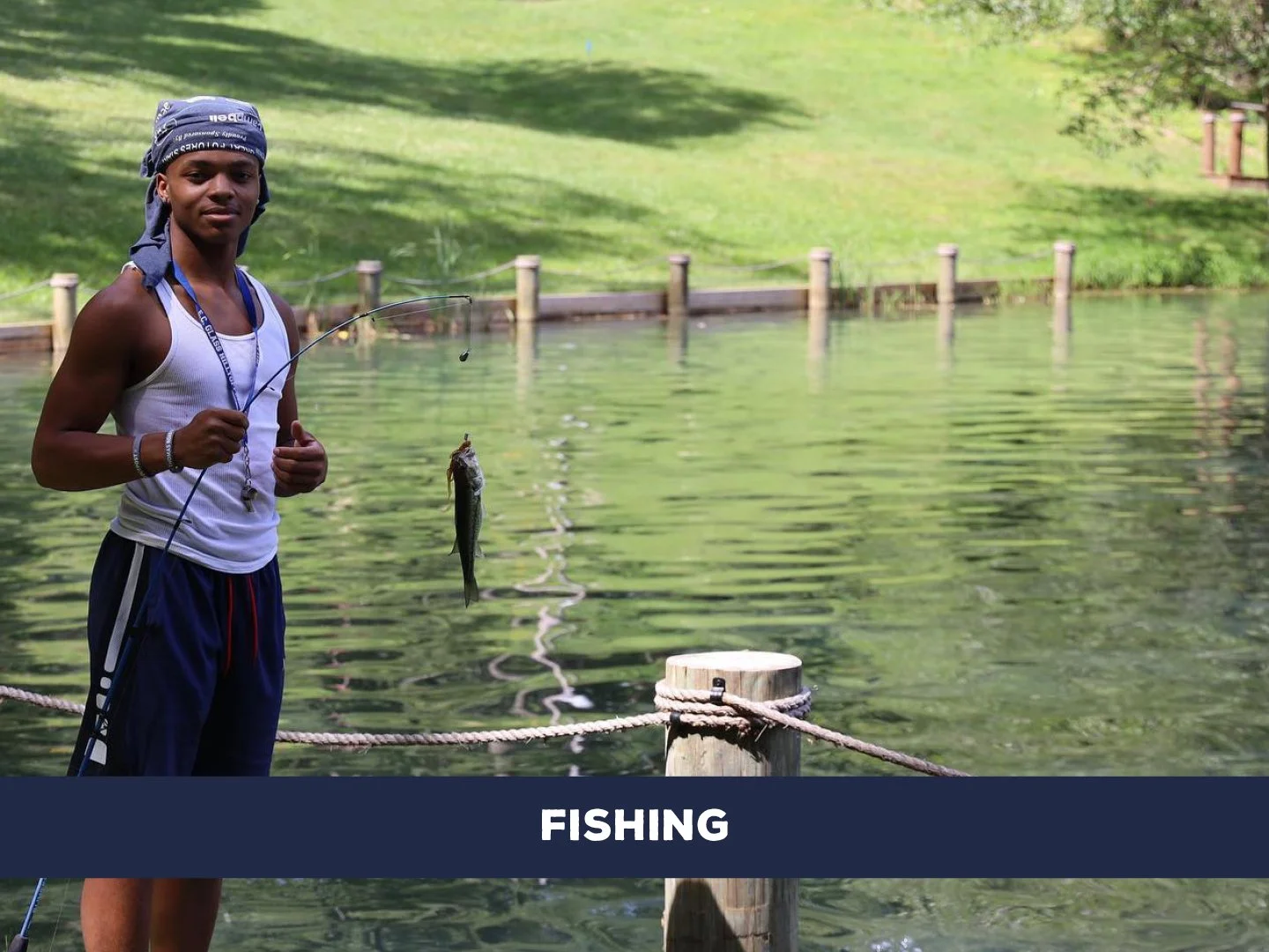 Relax and fish at the camp lake, catching a variety of freshwater fish with provided gear.