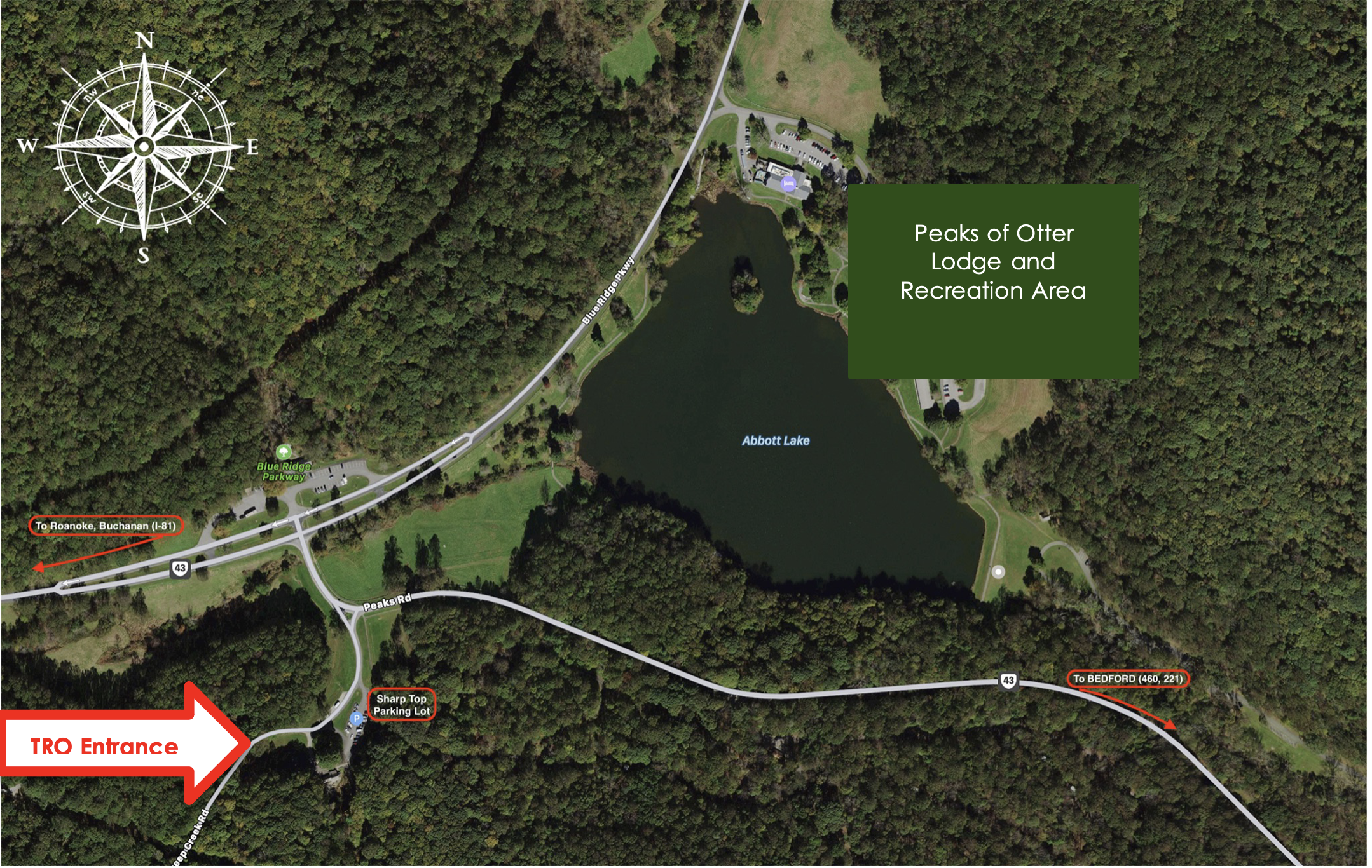 Map of Peaks of Otter Lodge and Recreation Area surrounding Abbott Lake, showing roads, parking lots, and trails, with directions to Roanoke and Bedford.